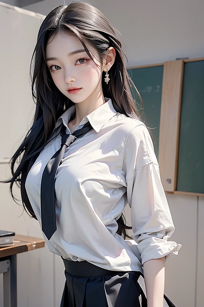 a Korean girl walking in the School, School, White wall, Gray table, Sexy pose,
(((masterpiece))), ((best quality)), ((Intricate details)), ((Surrealism)), H, , Mature woman, view, Very detailed, illustration, 1 girl, ((Large Breasts)), Perfect hands, Detailed fingers, Beautiful and delicate eyes, long hair, Brown eyes, name tag, CEO, (Korea School outfit:1.2), School blazer, School shirt, skirt, long School necktie, earrings, Detailed background, bedroom, Perfect eyes, Seductive eyes, looking at the audience, From the front