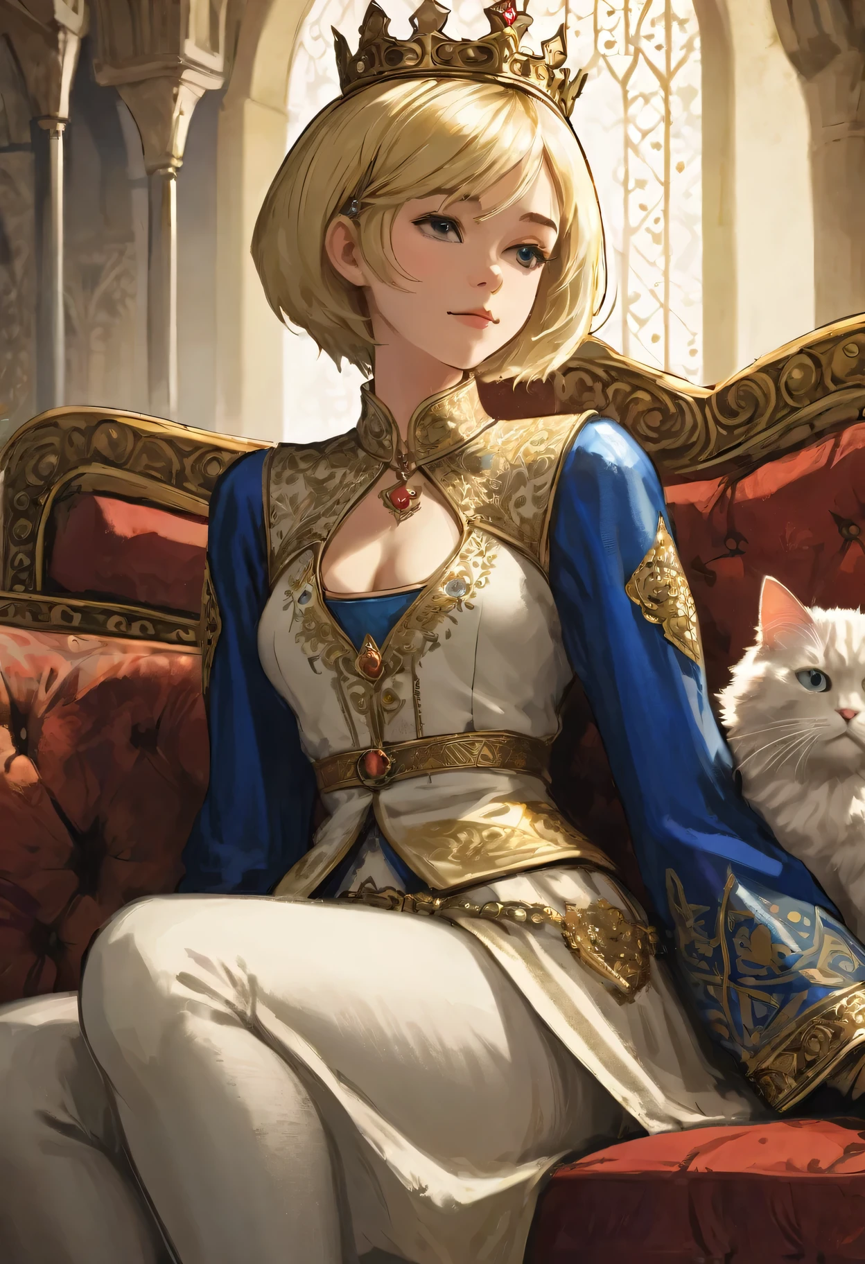 ( Intricate details, Depth of Field), 1 girl, blond, Shoulder length short hair,  Royal Costumes, Slim body, Golden Crown,  ottoman, In a medieval palace, Sitting on the sofa, There is a cat, rough texture, Hand drawn style