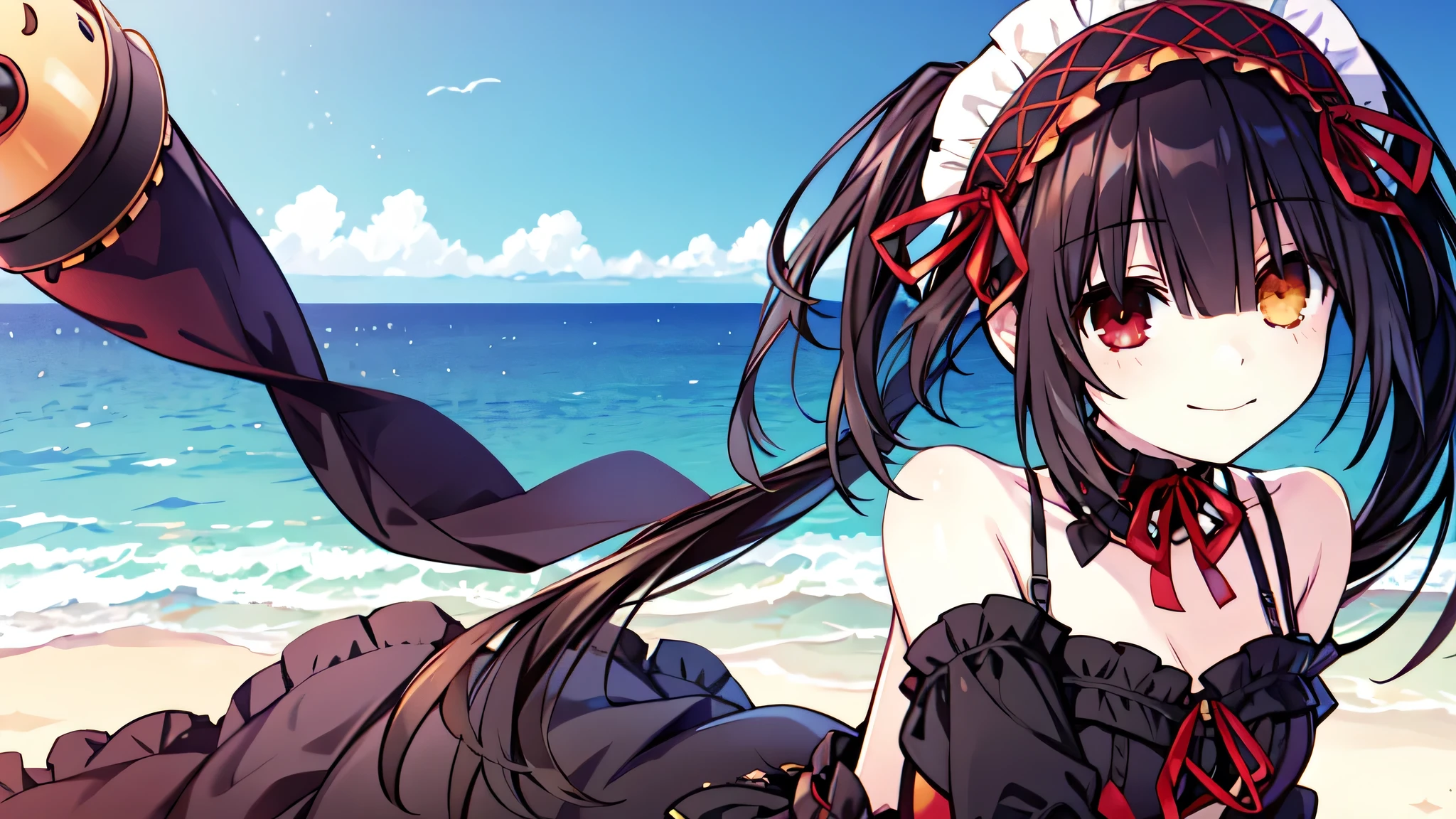 a masterpiece, best quality, 8k, photorealistic, 1 girl, beach, reaching forward, long black twin tails, (golden eyes:1.2), heterochromia, (red eyes:1.2), Kurumi Tokisaki, smiling, gothic lolita accessories, Victorian maid headdress, black ribbon, maid outfit