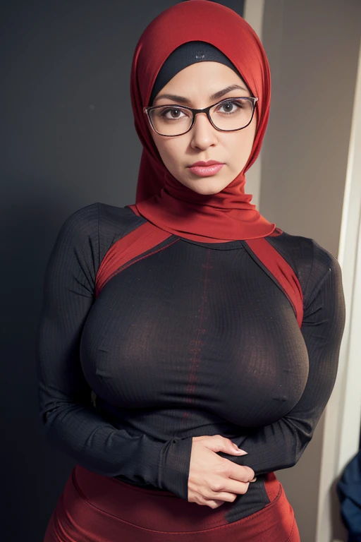 Teacher, ((angry expression)), super sexy, wearing hijab , fully clothed, realistic school settings, wearing long black tight pants pants and super tight red sweater, large breasts, ((eye contact)), milf, 40 years old, wearing glasses, leaning forward toward camera, (very fit, abs, muscles), masterpiece ((((all clothing is super tight, figure hugging and very revealing))))