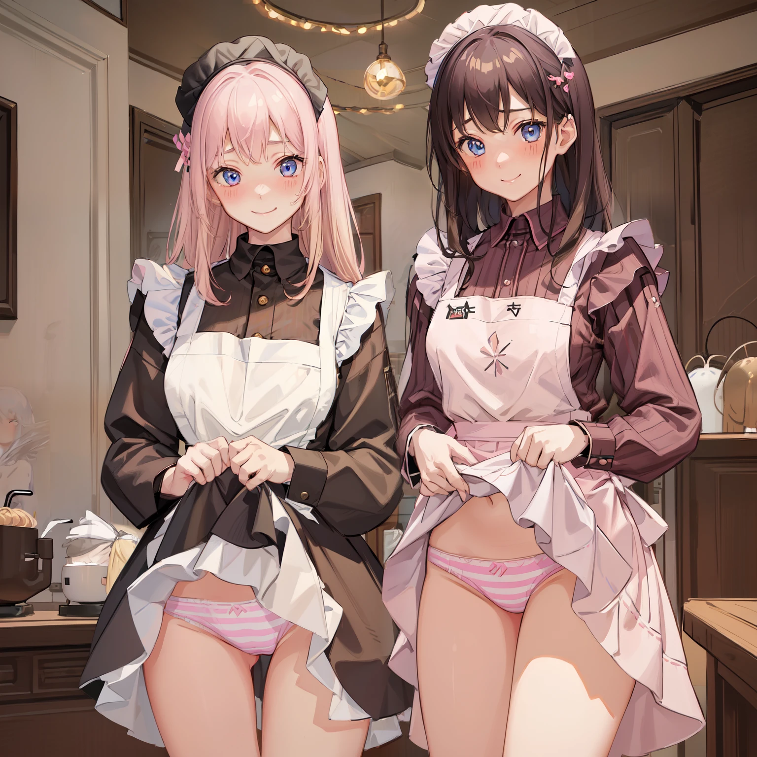 highest quality、masterpiece、((2 girls:1.5))、((smile:1.3))、(blush:1.3)、Black Shirt、blouse、((fun!!))、(Small breasts)、()、Blonde、(Long sleeve)、((White apron:1.5))、((Maid))、((hair ornaments)),、Kamimei、look at me、 ((in house:1.5))、 Taking a break from watching the audience、Cowboy Shot、(Skirt lift:1.3),(Highly detailed pink striped panties:1.3)、(Highly detailed panties:1.3)、、(スカート that rolls up:1.3)、(Panties fully exposed:1.5)、Light blue eyes、long hair、Glowing Eyes