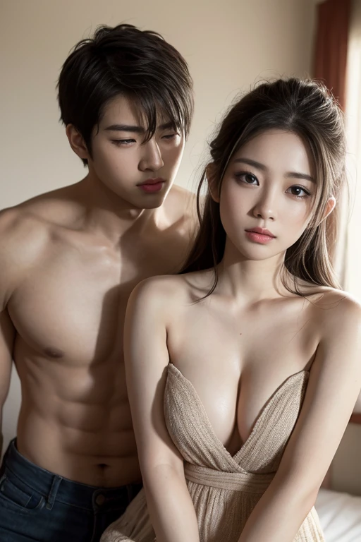 (Male and female couple, ,same height,two college students,Different hairstyles), (28 years old), (bedroom), Film texture, Japanese movies,realism,real human, beautiful light and shadow., blurred background, Long eyelashes,Totally naked,naked,Double eyelids, handsome,youthfulness,fresh,Asian people,I'Iเป็นคนขี้อาย.,smile,Big eyes,embrace,claw,Hot and sexual gestures,round eyes,Take the whole body