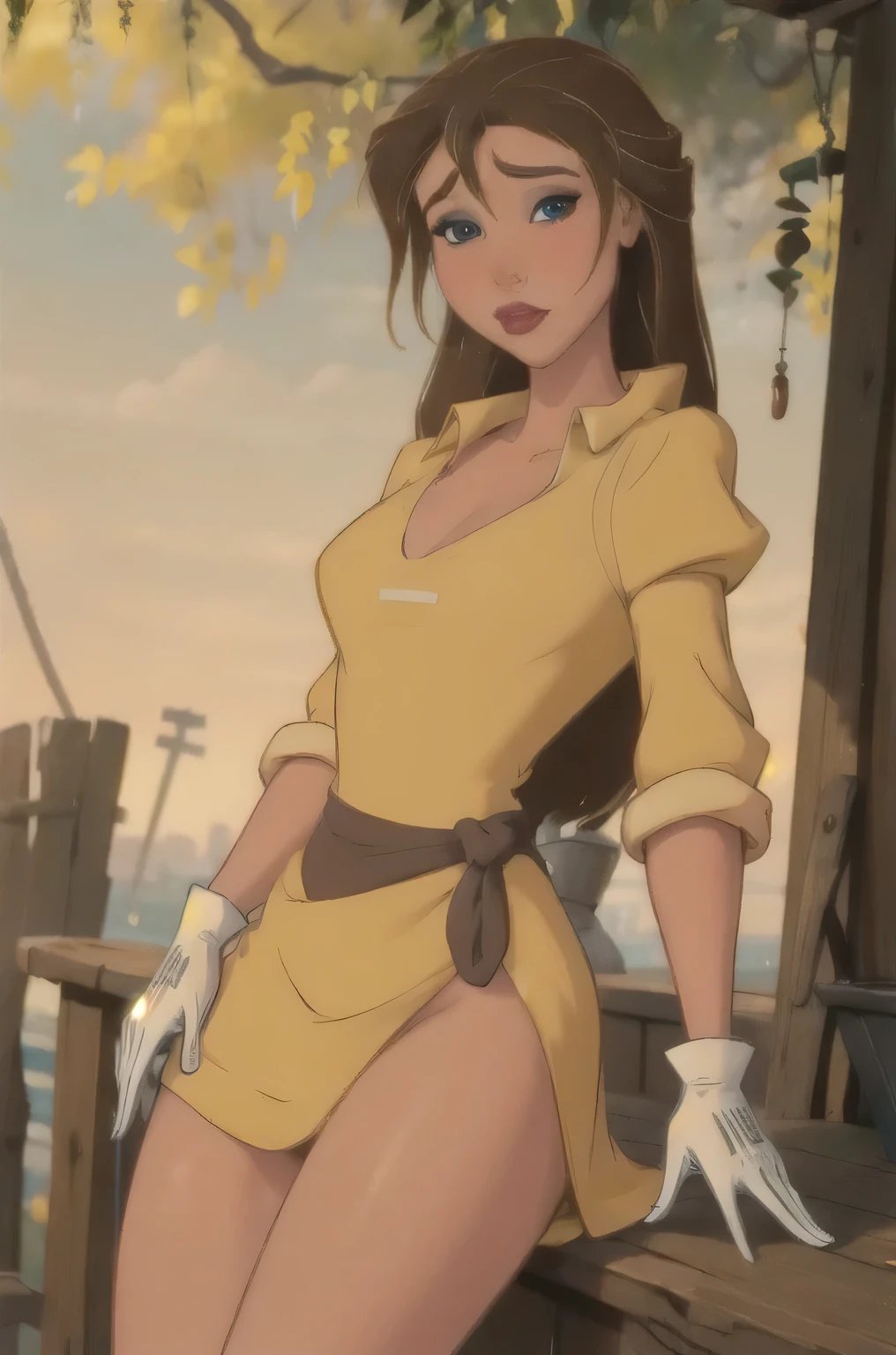 Masterpiece, ultra detailed, best quality, 8k, pikkyjane,1girl,solo,looking at viewer,brown hair,long hair,blue eyes,breasts,big breasts,gloves,dress,makeup,yellow short dress low chest ,white gloves,lipstick,big thighs, busty, 