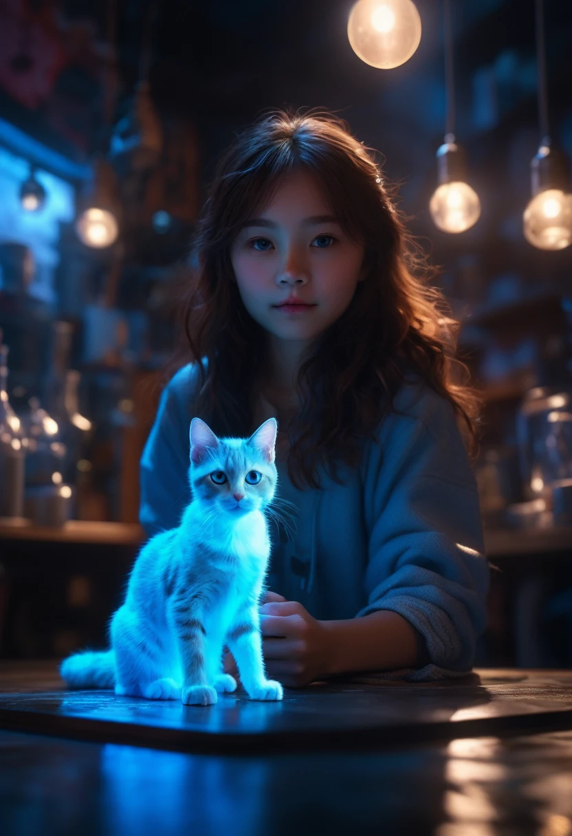 Girl with Cat, Hyperreal dof volumetric lighting, translucent cute girl playing with a (Translucent rough Blue Hologram of a cat 1.3), podiform, dream-scape, in the style of Disney, pixar, Albert Joseph Penot, jj fu, + 36.5 mm f0 cinematic quality, 8K, trending on artstation, sharp focus, studio photo, intricate details, highly detailed, by greg rutkowski
