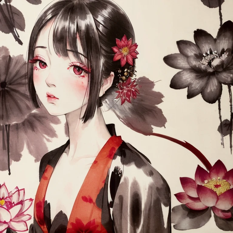 shukezouma, Negative Space, , Shui Movissim ,(Portraiture:1.2), alone, masterpiece, highest quality,flower, Look to the side, bangs,,  Traditional Chinese Ink Painting,Bob Hair、Red eyes、water lily、蓮のflower