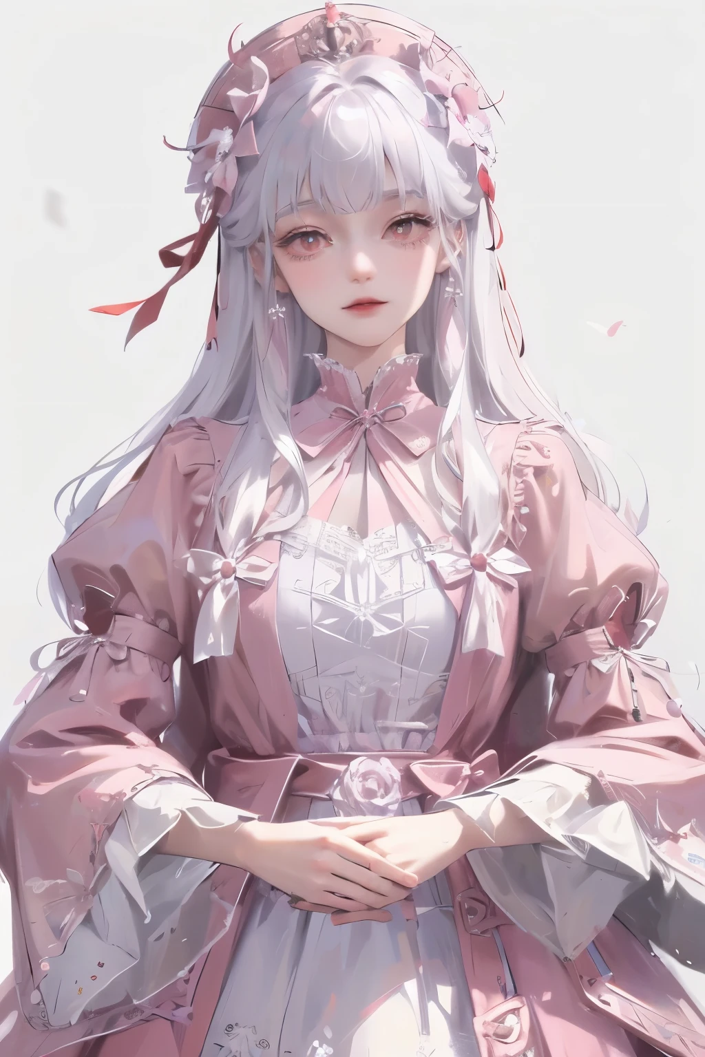 masterpiece, best quality, 1 Girl, Solitary, long_hair, Watching_exist_Viewer, white hair, Red Eyes, Smile, Bangs, skirt, shirt, long_sleeve, hexist, skirt, bow, Keep, close_Mouth, flower, Ruffles, hair_flower, flower瓣, flower束, Keep_flower, center_Ruffles, cap, Keep_flower束, Tai Chi E, whole body, White background,  