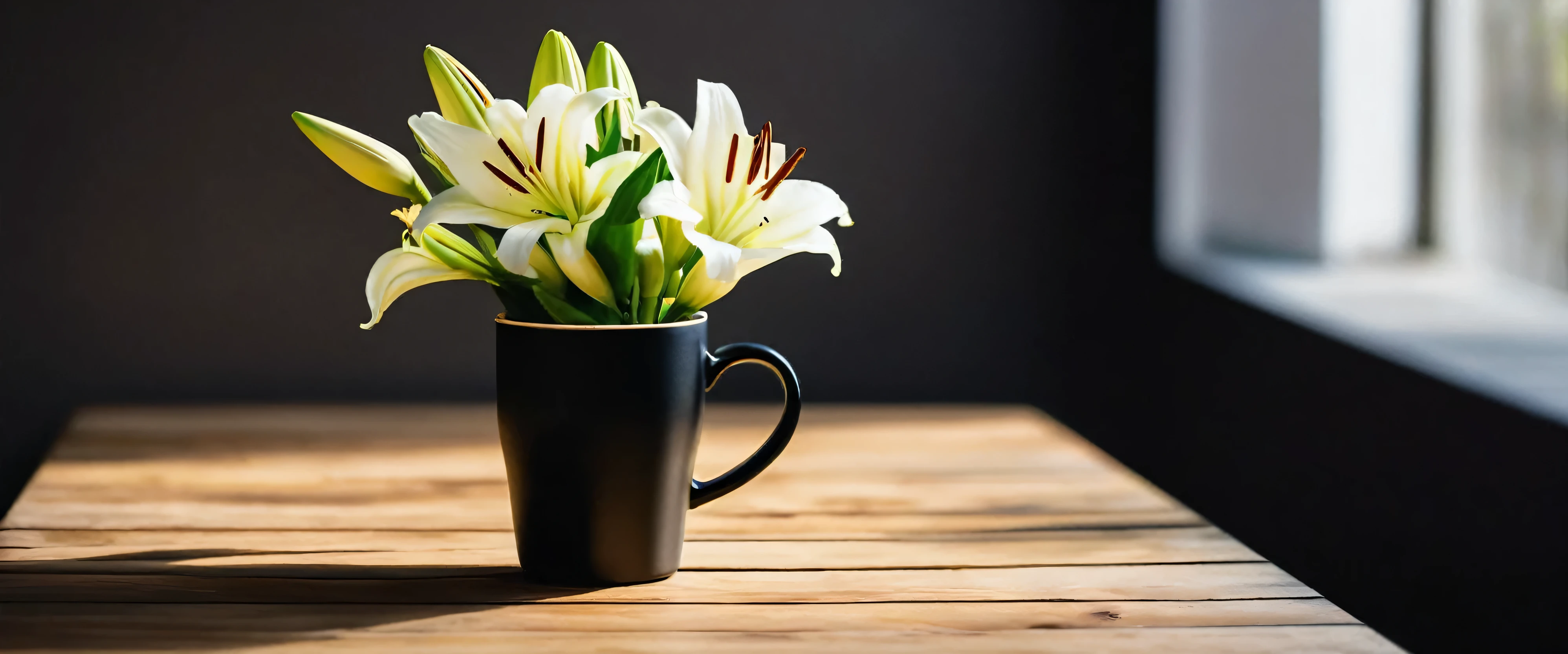 Close-up of a cup of latte coffee in a black magnetic cup and a beautifully packaged bouquet of lilies lying flat on a wooden tabletop,Exquisite, beautiful and bright through soft light and shadow,In the fresh and bright morning hours。Viewed from a bird's eye view,The bokeh background adds a romantic atmosphere,There are no characters in the whole scene,Seems extremely peaceful and comfortable,With window background,Fresh bright bokeh background