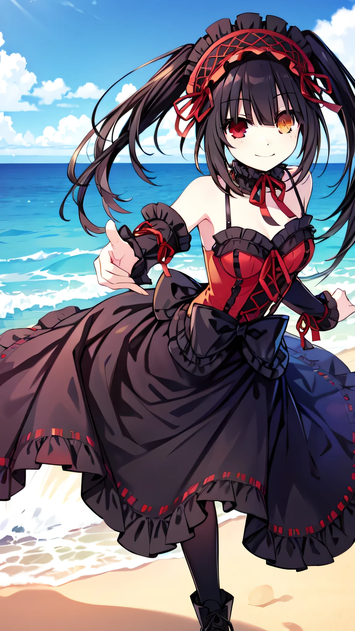 a masterpiece, best quality, 8k, photorealistic, 1 girl, beach, reaching forward, long black twin tails, (golden eyes:1.2), heterochromia, (red eyes:1.2), Kurumi Tokisaki, smiling, gothic ****ta accessories, Victorian maid headdress, black ribbon, maid outfit