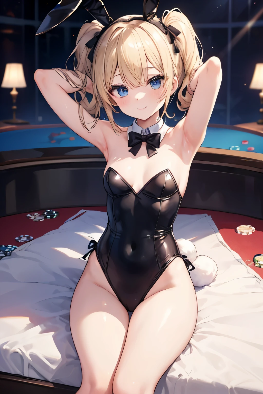 Blonde、Blue Eyes、girl、Small breasts、Twin tails、girl、Small breasts、Lolita、Bright smile、Looks about 15 years old、Petan Musume、short、目のhighlight、Sexy thighs、Bunny Girl Costume、Black rabbit ears、casino、Super sexy bunny girl、Please show me your armpits、Your eyes are so beautiful、highlight