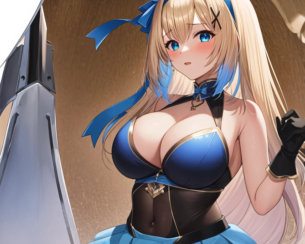 (masterpiece, best quality:1.2), 1girl, solo, blond hair, blue hairband, blue hair ribbon on the left, white-blue breast, black gloves, knight skirt, Solid color background