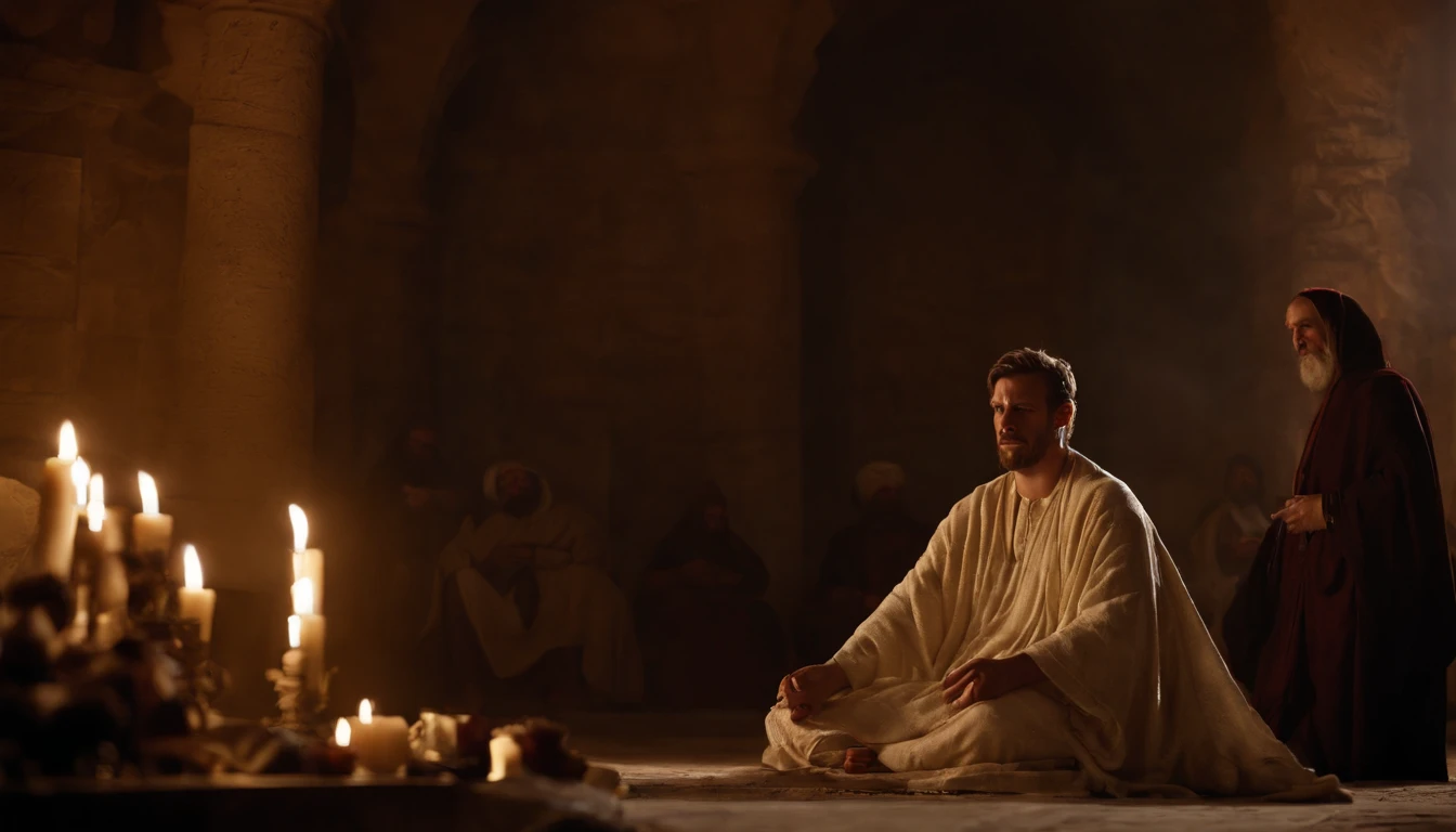 religious, Peter and John Heal a Man Crippled, masterpiece, biblical, temple, people around, mystic experience, amazing lights, best quality, 16K CGI, ultra detailed, perfect,