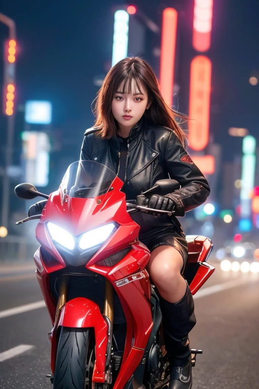 Digital Cyberpunk Art、highest quality、Ultra high quality CG Unity 8K wallpaper、A beautiful teenage girl riding a red 1000cc motorbike、CBR1000、One Japanese woman、Medium chest、Brown short hair、Wear a red riding suit, Highway at night
