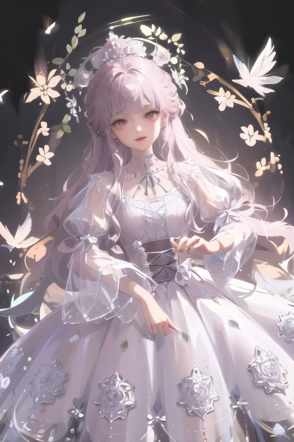 masterpiece, best quality, 1 Girl, Solitary, long_hair, Watching_exist_Viewer, white hair, Red Eyes, Smile, Bangs, skirt, shirt, long_sleeve, hexist, skirt, bow, Keep, close_Mouth, flower, Ruffles, hair_flower, flower瓣, flower束, Keep_flower, center_Ruffles, cap, Keep_flower束, Tai Chi E, whole body, White background,  