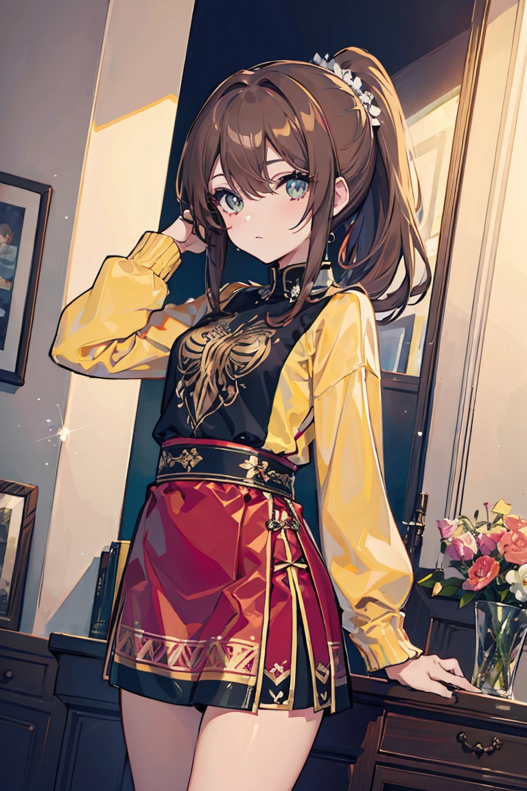((1 girl)), Latest Fashion Trends,Yellow Sweater, Place your hands behind your head, mini skirt, cushion, cute, Private room, Cowboy Shot,((Very detailed,highest quality, High resolution, 8k wallpaper, Beautiful clothes,)),((Light brown hair, Long ponytail,Straight hair)),eye shadow, eyeliner,Glow Eye, Very detailedな目, Complex eyes, Beautiful Eyes, ((Sparkling eyes)), 17-year-old girl, tonality, Romanticism, modern art, Impressionism, reflected light, 8k, masterpiece, Advanced Details, highest quality, Accurate