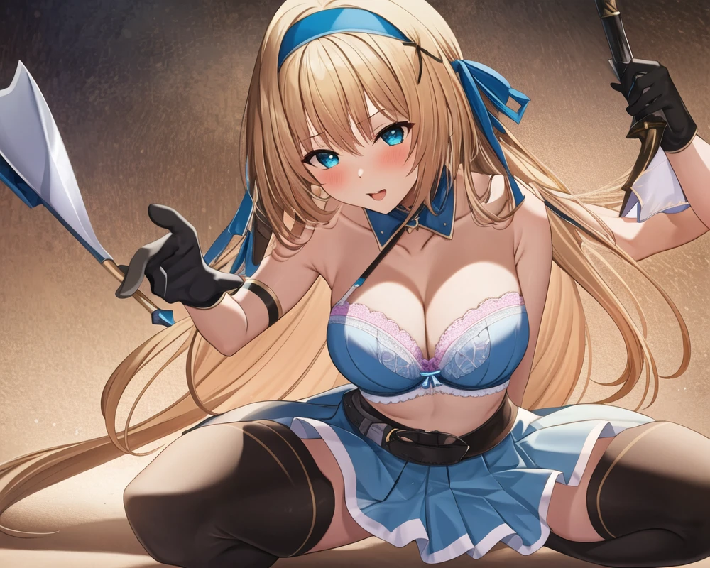 (masterpiece, best quality:1.2), 1girl, solo, blond hair, blue hairband, blue hair ribbon on the left, white-blue bra, black gloves, knight skirt, Solid color background