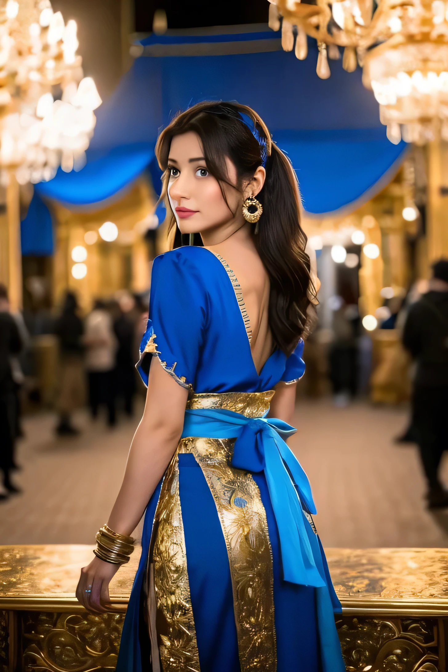 A live-action scene inspired by Disney's 'Aladdin.' Aladdin is portrayed as a young man with tousled hair and wearing traditional Middle Eastern attire, including a vest, loose pants, and a sash. He stands in a bustling, mystical marketplace filled with colorful stalls and merchants, holding a magic lamp in one hand. Opposite him is Princess Jasmine, wearing a stunning blue outfit adorned with intricate gold details, her long hair cascading down her back. The backdrop features the grand palace with its towering minarets and domes, glowing softly in the evening light. The scene captures a sense of adventure and magic, with lanterns hanging above and casting a warm, enchanting glow over the entire setting.