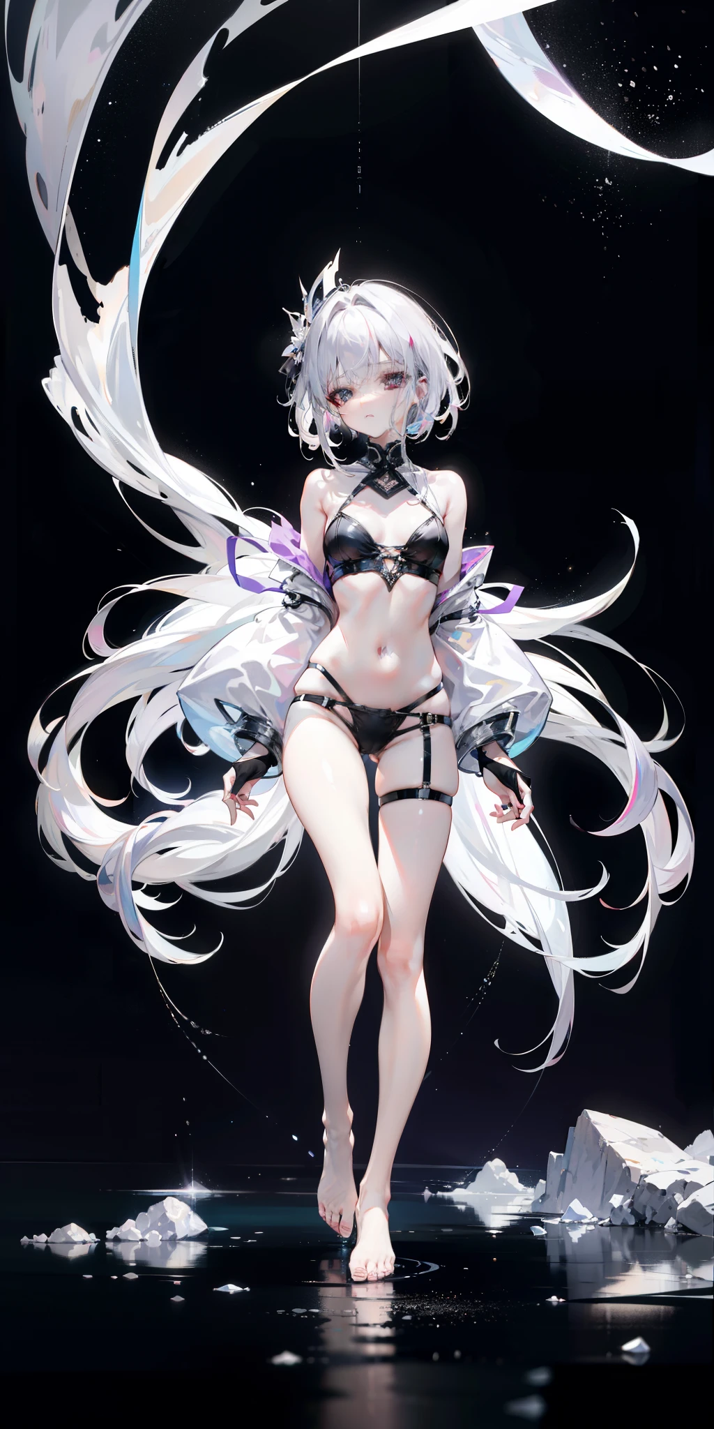 Light purple gradient hair,asymmetrical hair,((Thick hair 1.8,chiseled head 1.6)), Shoulder-length hair, messy hair, Very long hair, shiny hair,(long gray hair:1.2),A beautiful girl,(Luxury platinum mini short platinum ta,Made of transparent material),(Transparent clothes transparent 1.8),Perfect body,Navel,Big thin legs,Slim,(看起来很sad,Haggard face ,sad,shut your mouth:1.2) Against the background of an unusually bright dark starry sky,(Put your hands behind your back),(round,Room, Firm breasts),barefoot,float,water surface,(Long legs,Long legs,Long legs,Gestalt),full-body shot。