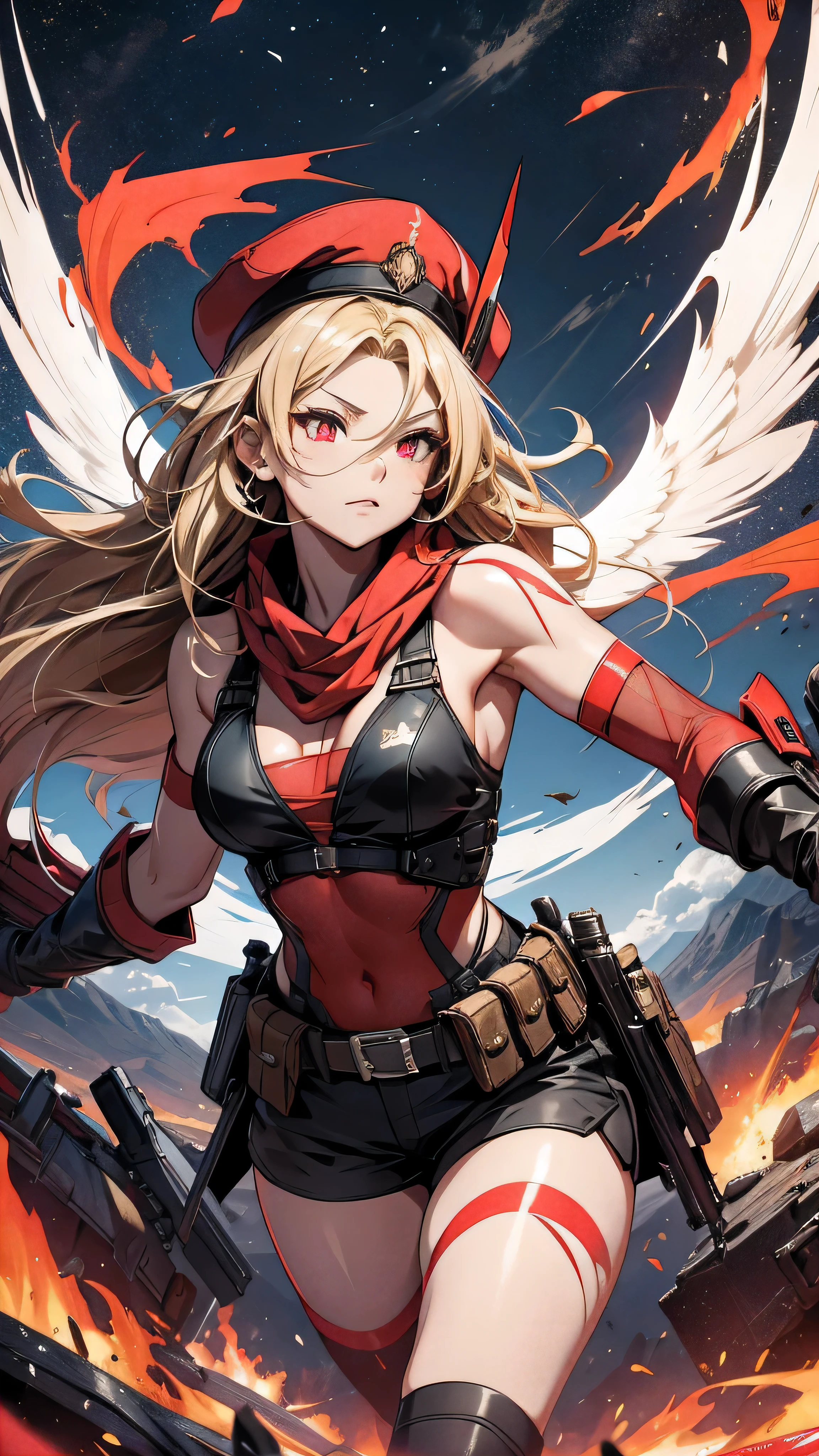 最high quality、Best image quality、masterpiece、girl((Age 25、 By becoming、Best Bust、Medium Bust,Wide open breast tea、Red glowing eyes,Blonde、Red Mesh、Disheveled Hair、Lointail、thin,The highest valley、Open chest、Luminous Wristbands、hair ornaments、Show the whole body,Black tank top、Red Bandana、Shortuscular、revolver、scar、Military Cap、Shooting Pose、Full body scar、Fighting Pose)),high quality、Beautiful art、background((Photography room))、Flight、Flying debris、Written boundary depth、movie、Visual Arts、Perfect art、8K,Genuine,