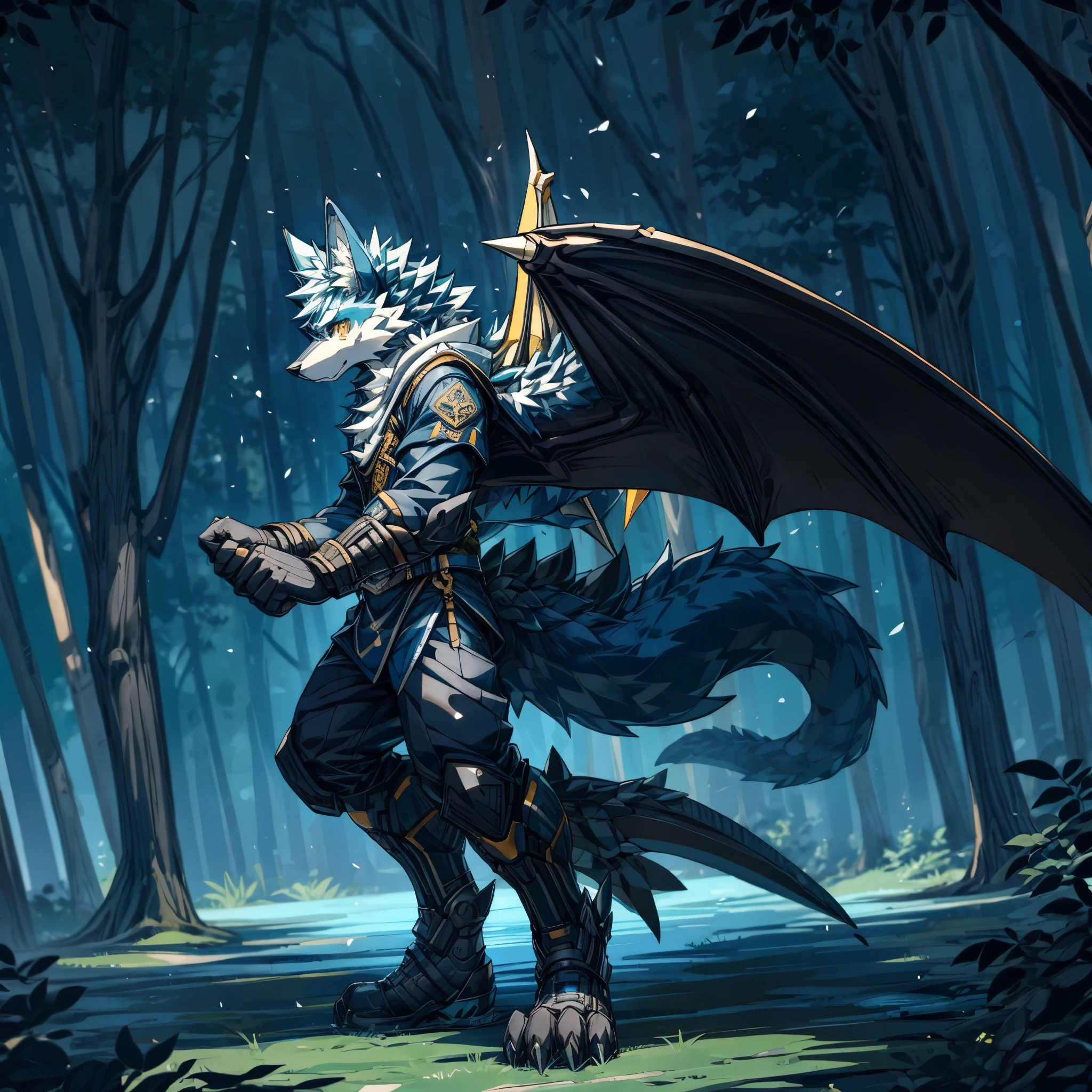 masterpiece,High quality,furry,male,(wolf with dragon wings and tails),(black&Navy blue fur),yellow eye,(Whole body),forest,perfect background,,One person