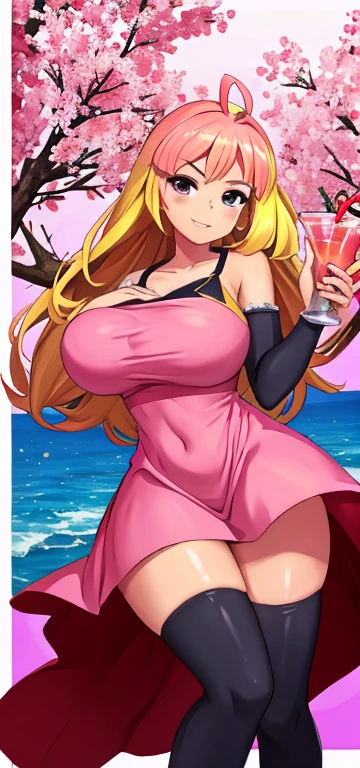 (Arezu:1.2), (Arezu Outfit), beautiful,masterpiece, (smir),((gigantic breasts)),smile,best quality, (pink dress:1.2), ((cocktail dress:1.2)), outdoors,sunny,(1girl:1.3), thighhighs, wide hips, loose top,  girl, hyper realistic, bending forward, solid top, boob window, Slutty , slutty expression