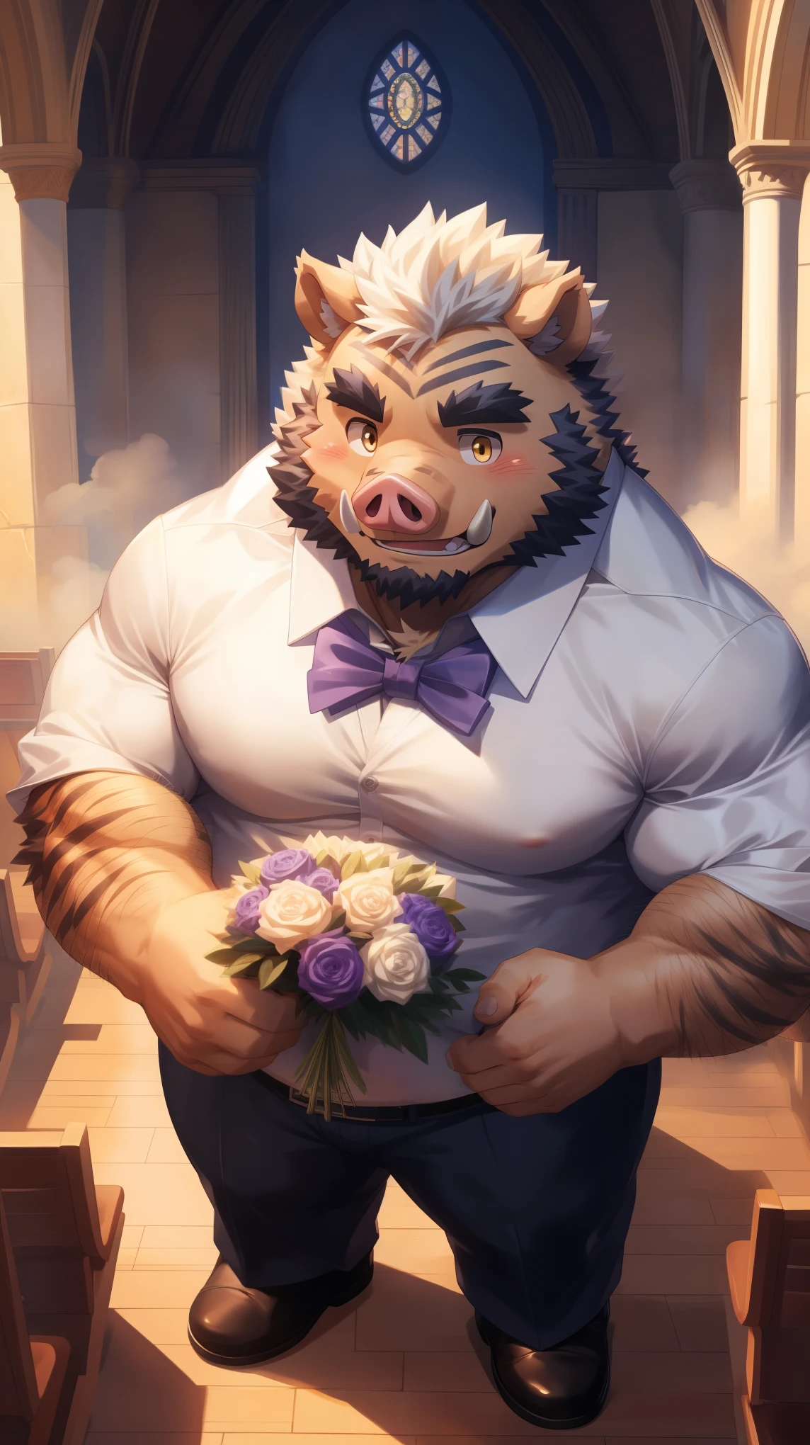 Solitary, anthropology, hairy, male, Wild Boar, ((fluffy fur, hairy body)), (Wild Boar印), (Thick eyebrows), youth, muscular, White skin, White big muscle, Golden pupils, de-tailed teeth, defaced face, Pig nose, Fundos, bridegroom, Black suit, White shirt, Purple bow tie, Holding a bouquet of purple roses, Standing in front of the church, Small bump, Shy expression, A faint smile, blush, Clear facial features, (Top view:1.4), Strong, majestic, solitary, Full body image, Fog atmosphere, early morning, Tyndall rays, Church doorway, White Dove (through empty ghost, From boar20, masterpiece, high quality, high resolution,8k), permanent,Bust, (Vision)