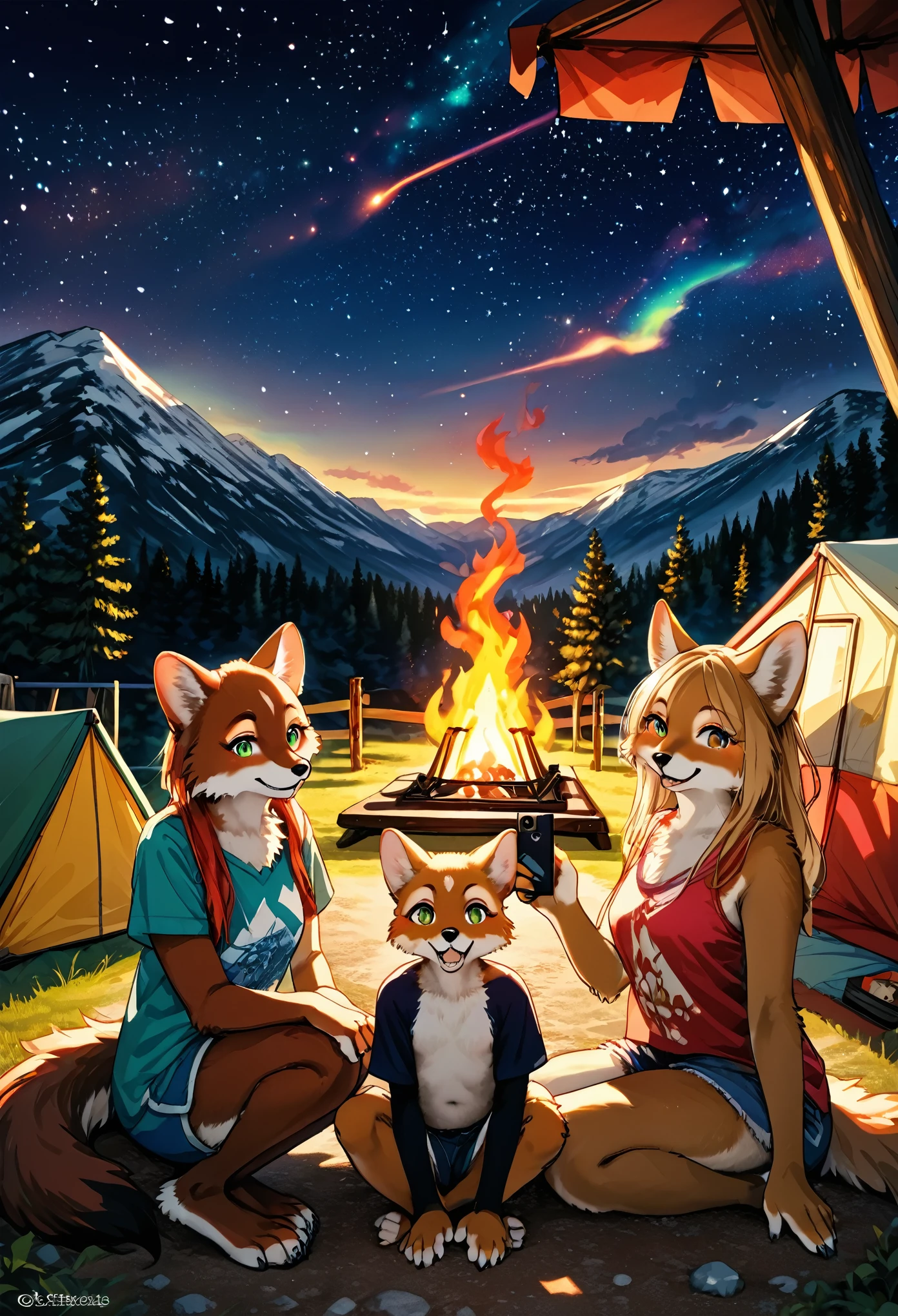 top quality, best quality, High-quality illustrations, masterpiece, super high resolution, detailed background, detailed background, Campsite in the mountains, group shot, 1boy, 1girl, camp-fire, night sky, absurdres, perfect anatomy(Photo of family trip)(kemono, furry anthro)selfie,