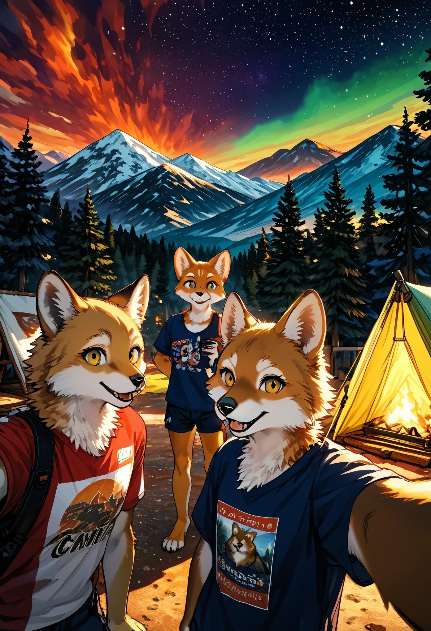 top quality, best quality, High-quality illustrations, masterpiece, super high resolution, detailed background, detailed background, Campsite in the mountains, group shot, 1boy, 1girl, camp-fire, night sky, absurdres, perfect anatomy(Photo of family trip)(kemono, furry anthro)selfie,