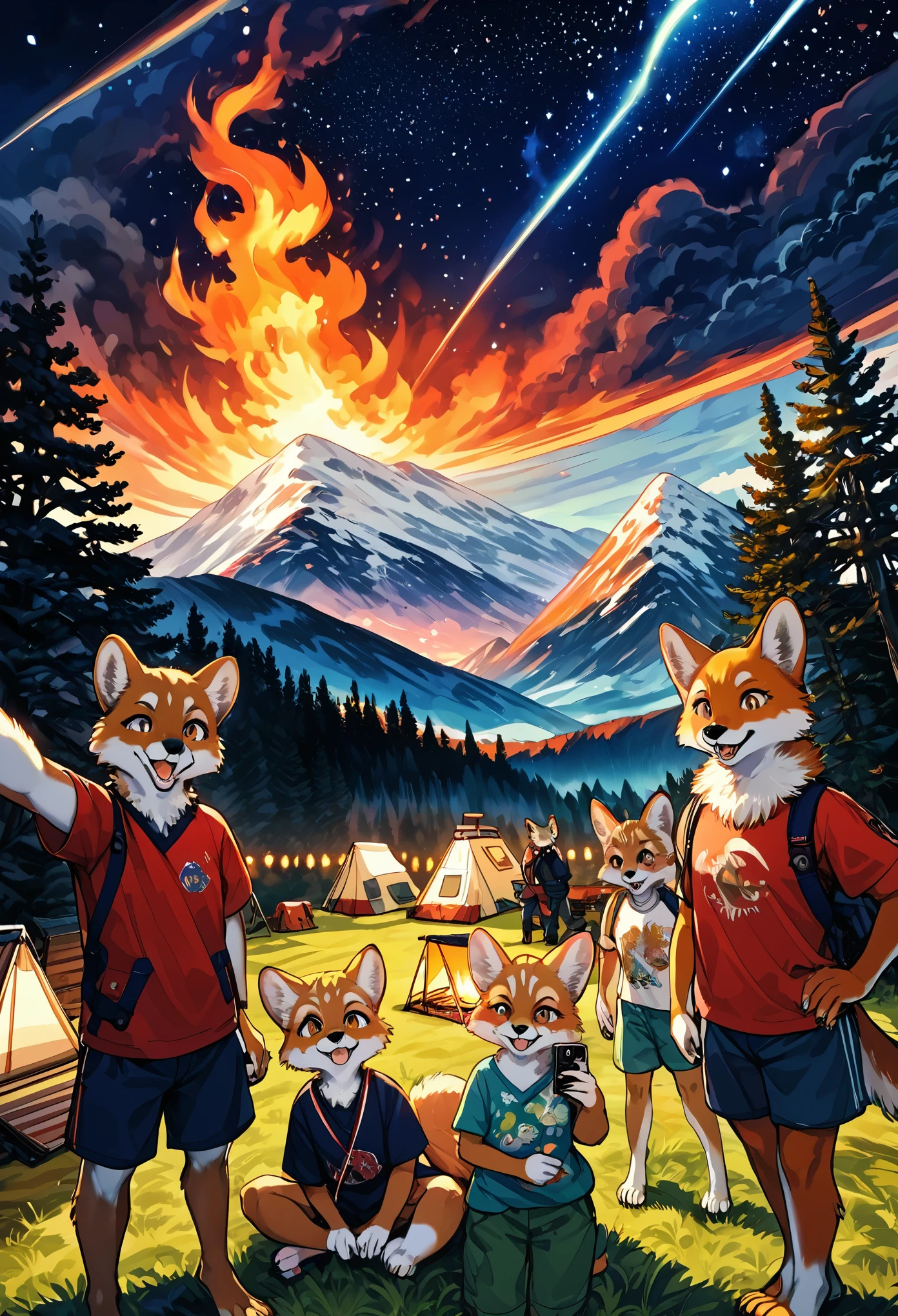 top quality, best quality, High-quality illustrations, masterpiece, super high resolution, detailed background, detailed background, Campsite in the mountains, group shot, 1boy, 1girl, camp-fire, night sky, absurdres, perfect anatomy(Photo of family trip)(kemono, furry anthro)selfie,