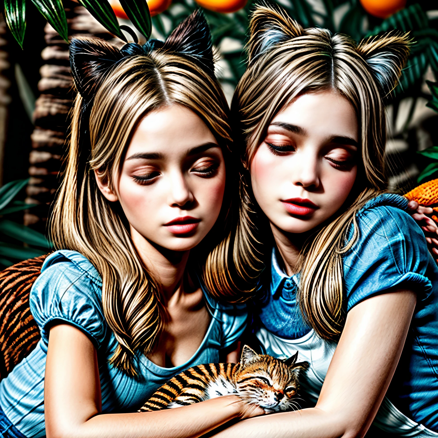 Fantasy、Alice in Wonderland、Illustration of a girl and orange tabby、(A girl sleeping while leaning against an orange tabby:1.5)、Forest Background、Beautiful detailed eyes、Beautiful detailed lips、Highly detailed faces and features、Long eyelashes、Cinematic lighting、Dramatic lighting、Bright colors、Fantasy、Surreal、dream-like、(highest quality、4k、8k、High Resolution、masterpiece:1.2)、Super detailed、(Real、Photorealistic、Photorealistic:1.37)、celestecat
