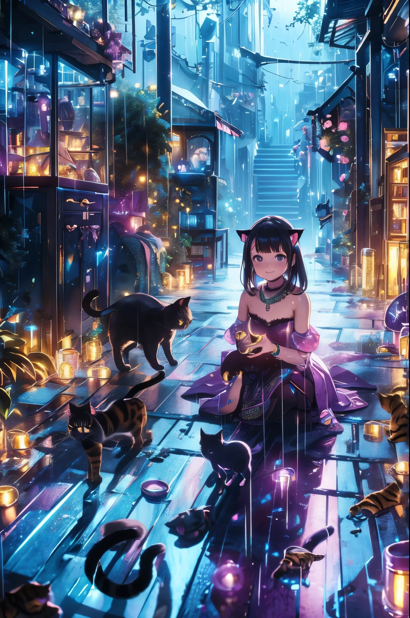 masterpiece, best quality, Ray tracing, hdr, volumetric lighting,(1girl and 1cat:1.5), cat on shoulder, cyborg girl, smile,upper body, post apocalypse, a pile of canned goods in the background, outdoor,((many jewels)), (rain of jewels:1.3)