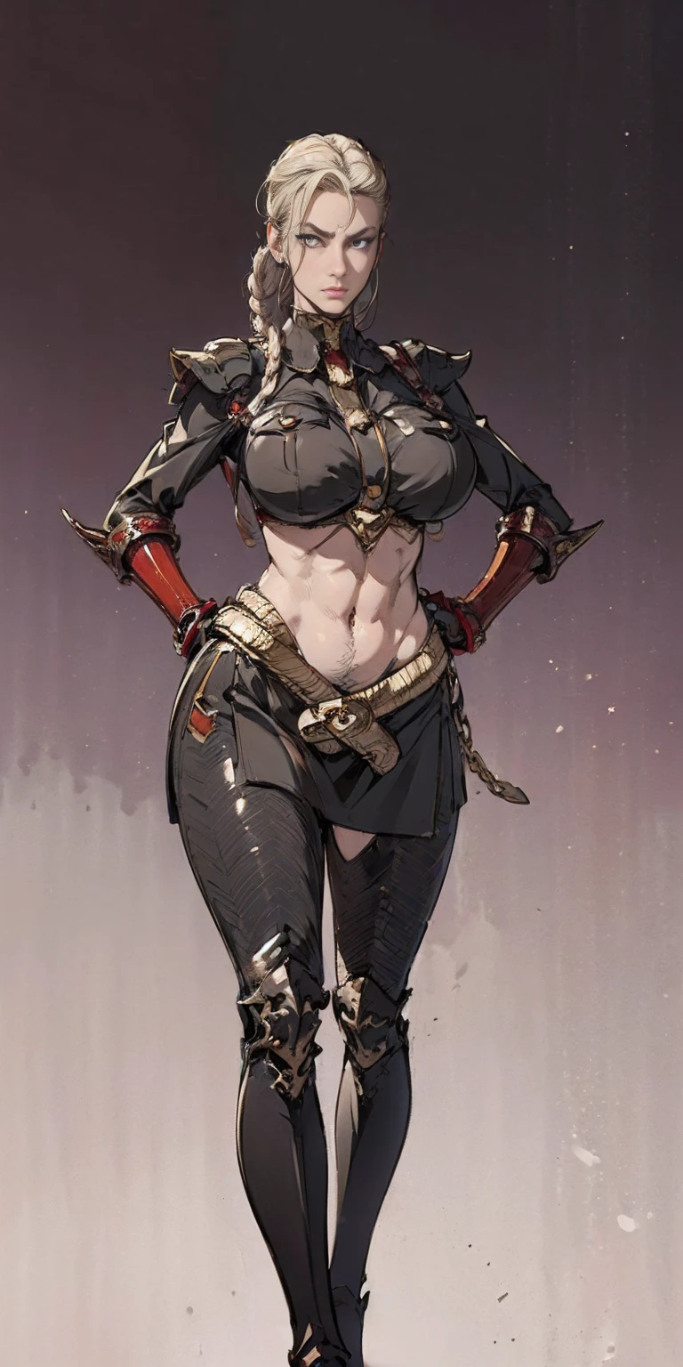 ((Plain background 1:2)) (Cammy White Street Fighter 6) Female full body standing straight symmetrical looking to the viewer RED full body armored (handcuffs, shackles, rerebrace, faulds, poleyn, gauntlets, leather collar choker) big belt under belly button, navel, belt over belly button, ((hands on hips)), loincloth, pinched eyes, (big-:1.5) thin legs, thin body, view from below, wide hips