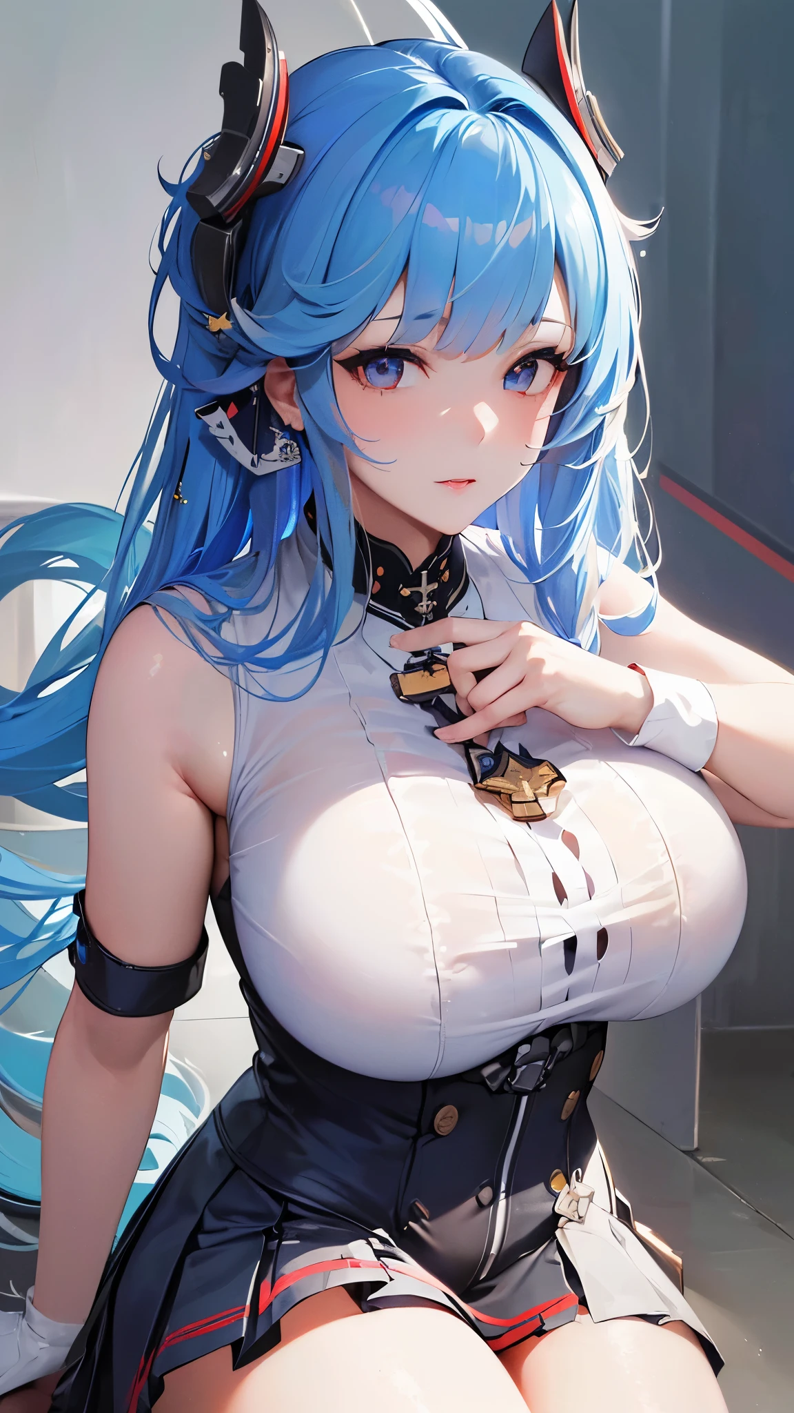 (((masterpiece))), (((High resolution))), (((8K quality))), (((perfect face))), (((Esex-AzurLane))), (((shirt))), (((mini skirt))), (((high resolution face))), (((top quality eyes))), (((detailed face))), (((detailed texture))), look at the camera, big tits, light blue hair