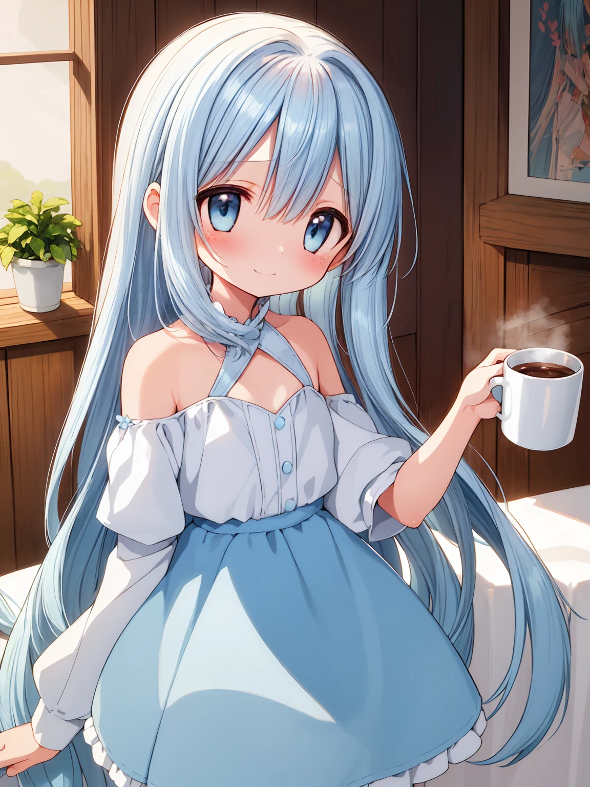 (best quality), (very aesthetic), (ultra-detailed), (best illustration),1 girl Solo,deep blue hair,long straight hair,blunt bangs,gray eyes, sparkling eyes,Clear eyes,large breasts,(Hold the mug in your right hand1.2),Lolita costume,colorful Lolita,Garden,smile