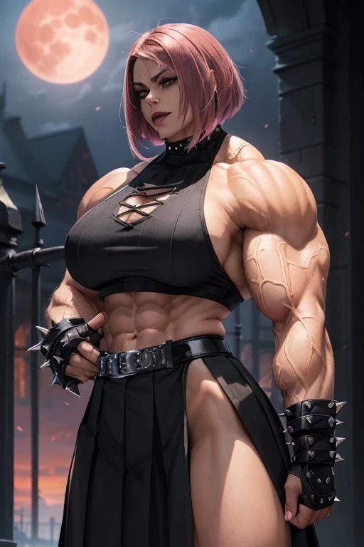 (((Massive, tall, beautiful, buff, light brown skinned muscular woman with shocking pink hair, black lipstick, ginormous bulky muscles, wearing a black gothic uniform with pleated gothic skirt))), (close view), massive muscle, massive biceps, hyper muscle shoulders, ginormous muscle arms, hyper muscle triceps, (angled bob cut), red eyes, spiked choker, chain belt, black spiked boots, spiked gauntlets, fingerless gloves, (standing in a dark gothic schoolyard), evil smirk, night, red moon, red skies, hyper vascular arm, hyper muscles arms, hyper muscle legs, ginormous arms, (close view)