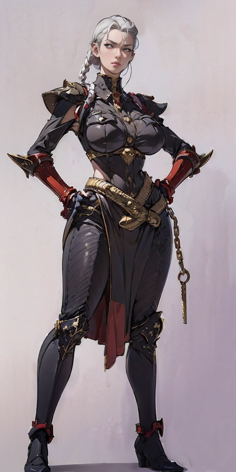 ((Plain background 1:2)) (Cammy White Street Fighter 6) Female full body standing straight symmetrical looking to the viewer RED full body armored (handcuffs, shackles, rerebrace, faulds, poleyn, gauntlets, leather collar choker) big belt under belly button, navel, belt over belly button, ((hands on hips)), loincloth, pinched eyes, (big-:1.5) thin legs, thin body, view from below, wide hips