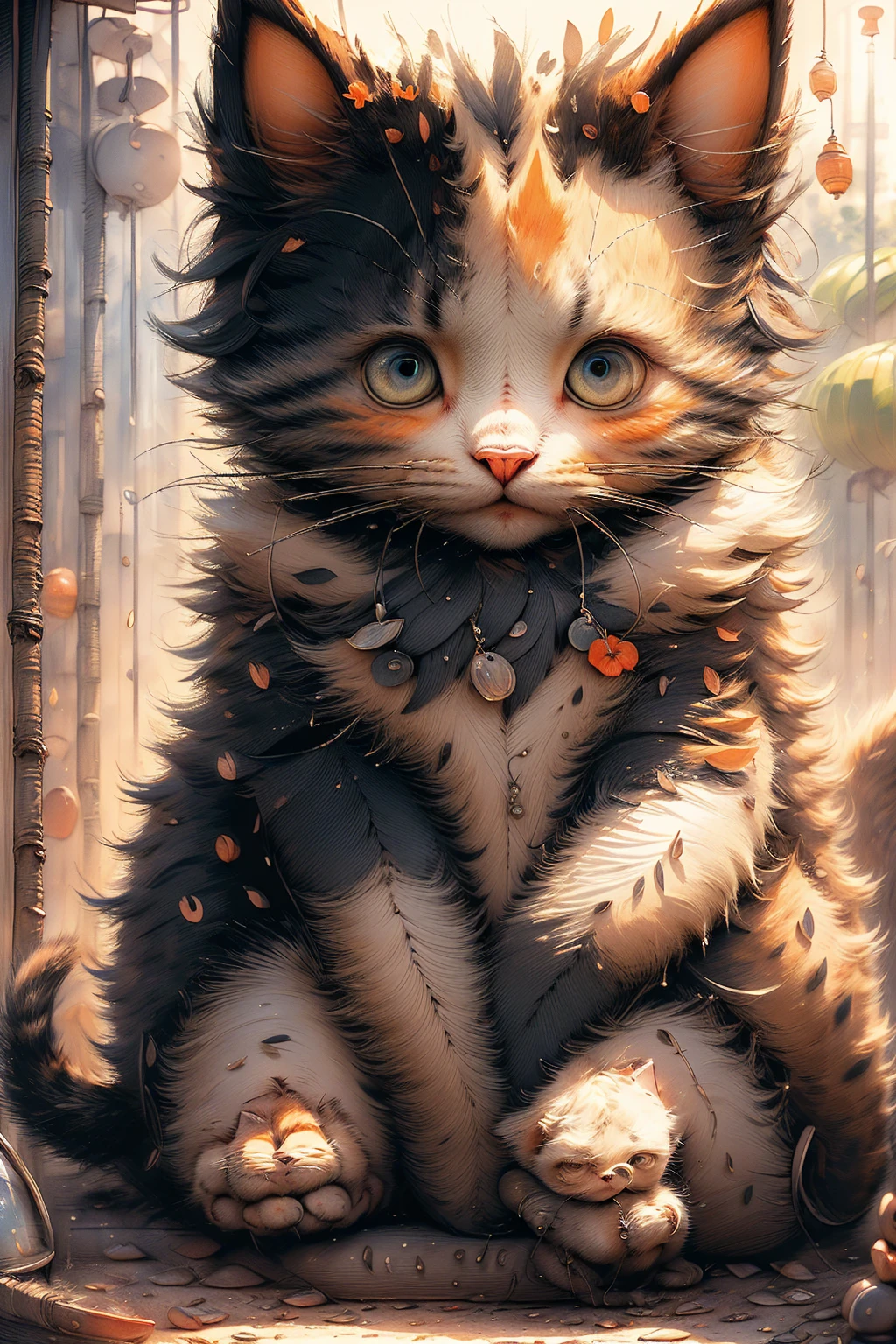 ((A girl in a tropical garden, crouching and looking at a cat, detailed portrait, beautiful detailed eyes, beautiful detailed lips, extremely detailed eyes and face, long eyelashes, girl in a colorful floral dress, cute cat:1.5)), lush tropical foliage, sun beams, warm lighting (best quality, 4k, 8k, high resolution, masterpiece: 1.2), ultra detailed (realistic, photorealistic, photorealistic: 1.37), vibrant colors, award-winning, intricate details, soft focus, dreamy , cinematographic lighting