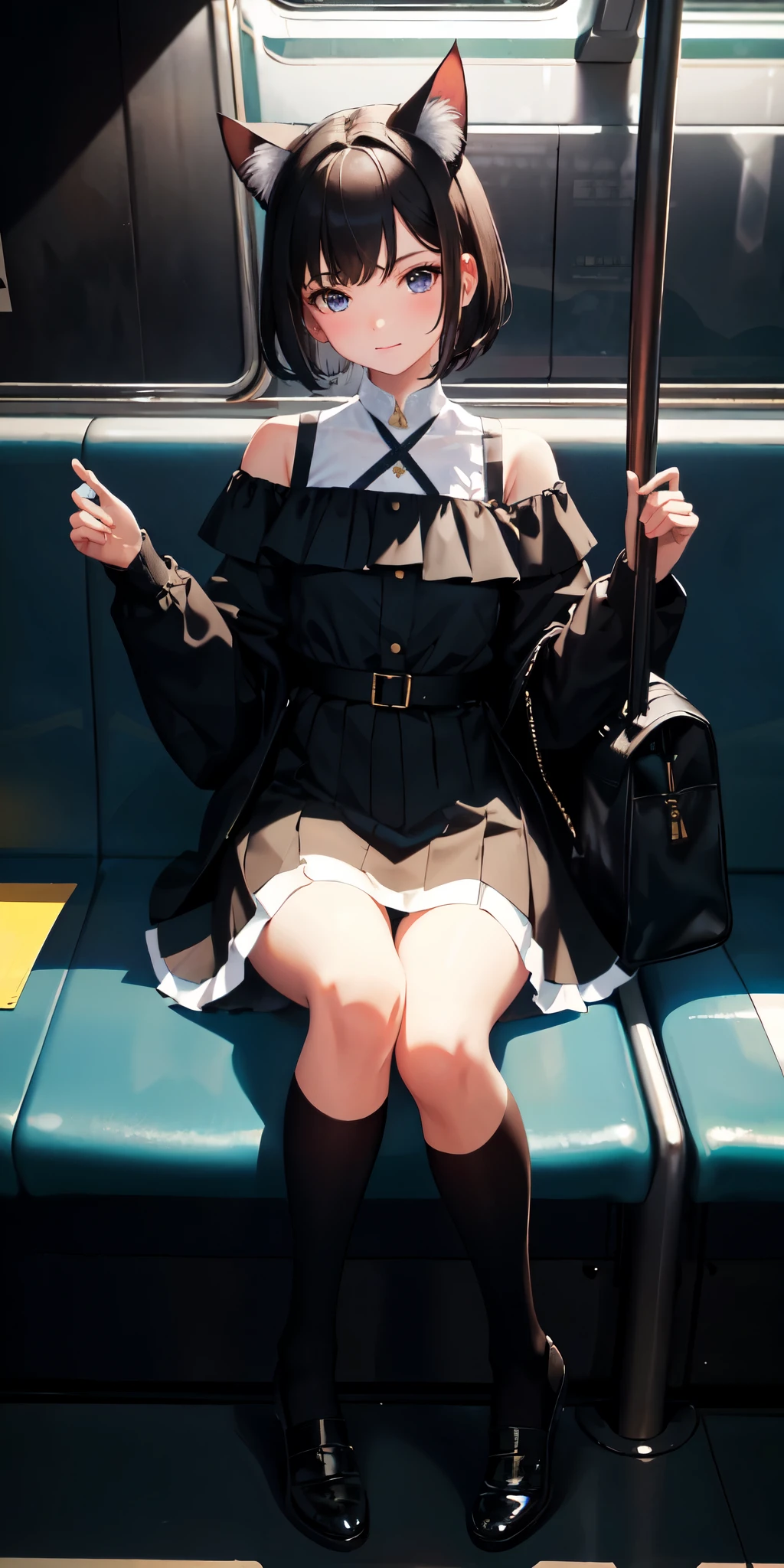 Masterpiece, best quality, high resolution, very detailed, detailed background, 1 girl, looking at the audience, sitting on the subway, inside the train, posing pose, wearing cat ears, short hair, white off-the-shoulder dress, skirt, transparent, happy, NSFW