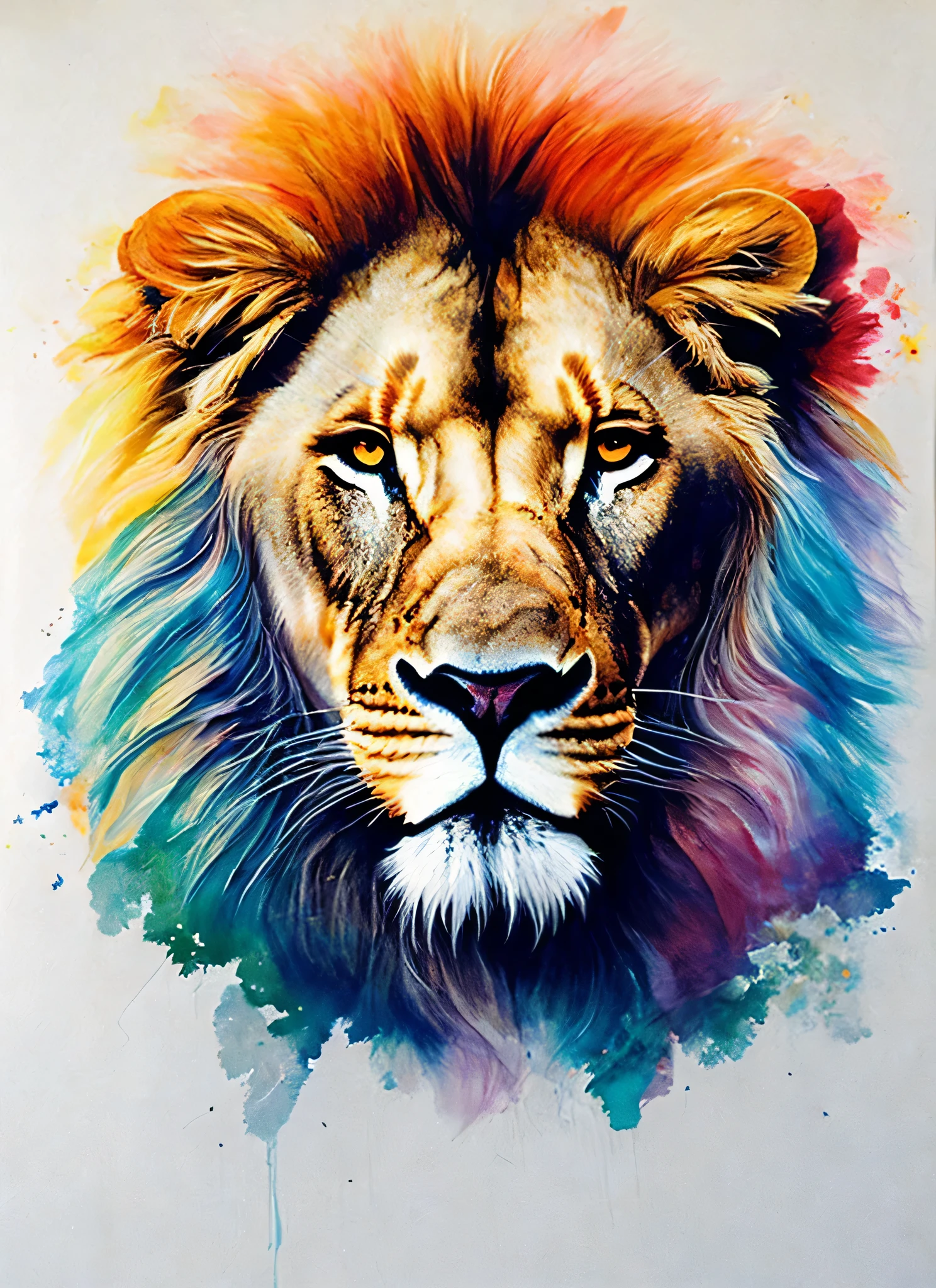 A Lion by Agnes Cecile, com jubas grandes, olhar intenso, design luminoso, pastels colors, pingos de tinta, luzes de outono