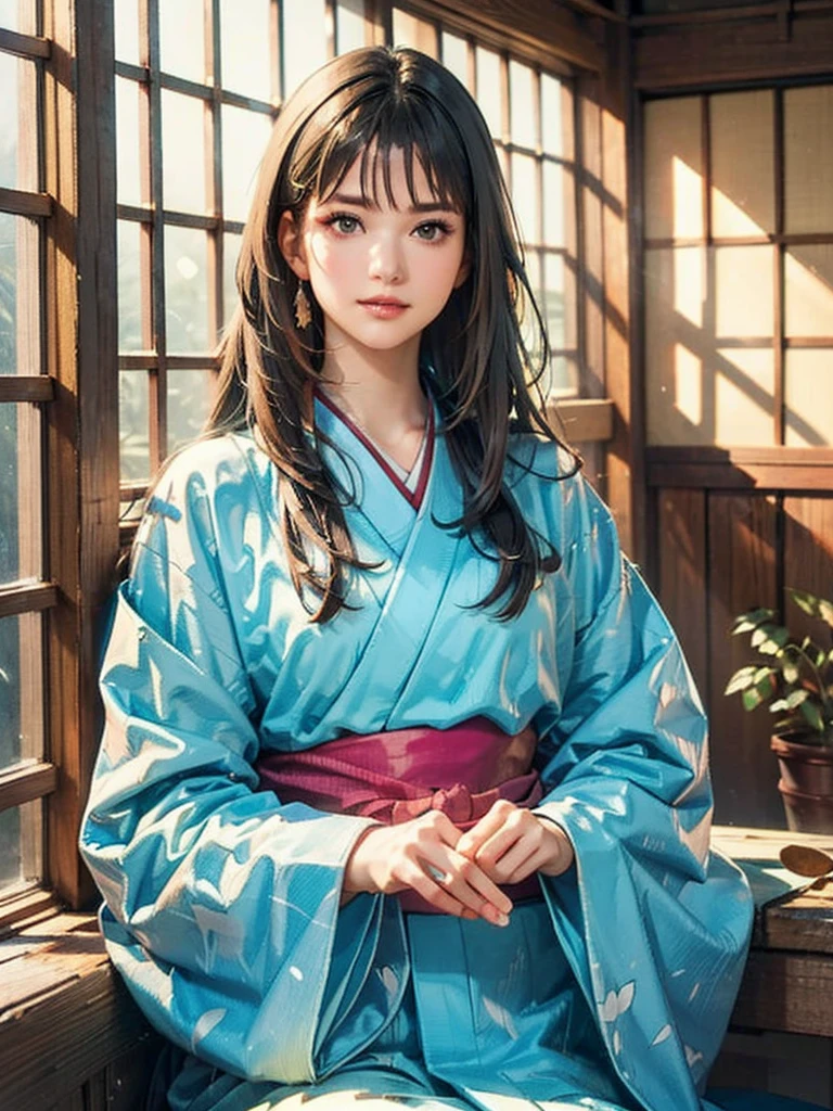 (highest quality、8k、32k、masterpiece)、(masterpiece,up to date,Exceptional:1.2), anime,One girl,Front hair,black_hair, Beautiful 8k eyes,Looking_in_Audience,One person in,Are standing,((Very beautiful woman, Fuller lips, Japanese pintern kimono))、((Colorful Japanese kimono)))、(((Medium Shot)))、Blunt bung、(High resolution)、Very beautiful face and eyes、1 girl 、Round and small face、Narrow waist、delicine body、(highest quality high detail Rich skin details)、(highest quality、8k、Oil paints:1.2)、Very detailed、(Realistic、Realistic:1.37)、Bright colors、(((blackhair)))、(((Long Hair)))、(((cowboy pictures)))、((( Inside an old Japanese house with a (short focus lens:1.4),)))、(masterpiece, highest quality, highest quality, Official Art, beautifully、aesthetic:1.2), (One girl), Very detailedな,(Fractal Art:1.3),colorful,Most detailed,Sengoku period(High resolution)、Very beautiful face and eyes、1 girl 、Round and small face、Tight waist、Delicine body、(highest quality high detail Rich skin details)、(highest quality、8k、Oil paints:1.2)、(Realistic、Realistic:1.37)、Greg Rutkowski Written by Alphonse Mucha Ropp,short ,uchikake,nishijin ori,(realistic light and shadow), (real and delicate background),(muted colors, dim colors, soothing tones:1.3), low saturation, (hyperdetailed:1.2), (noir:0.4),drow,blurry_light_background,lens flare, (vibrant color:1.2), cinematic lighting, ambient lighting,Single Shot,Shallow Focus,pink lip,blurry light background,