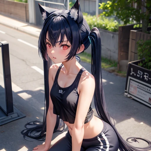 A girl with dark blue hair, cat ears and a tail, wearing a tank top and racing pants.　**** body type　　Twin tails　Female genitalia is visible　　Detailed depiction of female genitalia　Flat Chest　Stern look　On all fours