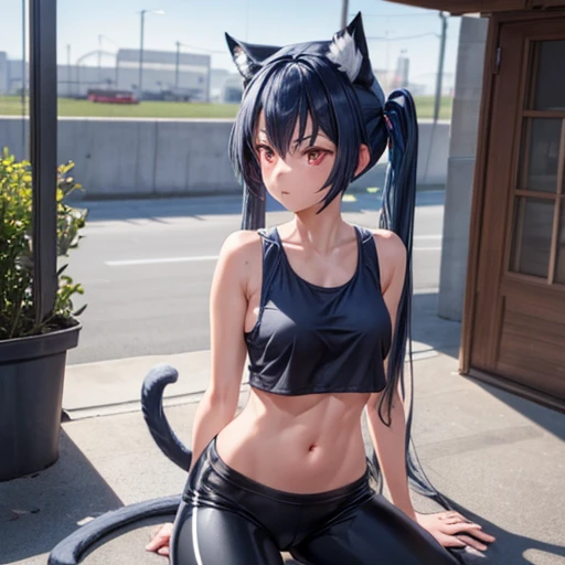 A girl with dark blue hair, cat ears and a tail, wearing a tank top and racing pants.　**** body type　　Twin tails　Female genitalia is visible　　Detailed depiction of female genitalia　Flat Chest　Stern look　On all fours