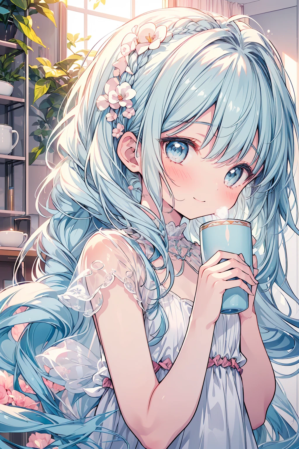 masterpiece, best quality, extremely detailed, (illustration, official art:1.1), 1 girl ,(((( light blue long hair)))), ,(((( light blue long hair)))),light blue hair, ,10 years old, long hair ((blush)) , cute face, big eyes, masterpiece, best quality,(((((a very delicate and beautiful girl))))),Amazing,beautiful detailed eyes,blunt bangs((((little delicate girl)))),tareme(true beautiful:1.2), sense of depth,dynamic angle,,,, affectionate smile, (true beautiful:1.2),,(tiny 1girl model:1.2),)(flat chest), (((masterpiece))), (((best quality))), (((ultra detailed))), sunset, Girl drinking cocoa in mug, steam rising from mug, background is room with warm atmosphere, happy, cutecore, anime deformation style cute illustration ,