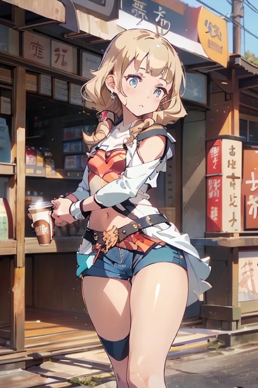 (masterpiece, Best Quality, ultra-detailed, high resolution, extremely detailed CG, official art, Professional Lighting, Perfect Anatomy, anime colors), (from below), looking at viewer, cowboy shot, perfect body, a 24yo beautiful girl, sidelocks, hairband, earrings,medium hips, glamorous body,a small face,beautiful-makeup,Makeup light,dark brown hair, Amazing Cleavage, thin waist, cute ass, Raised sexy, small breast: 1.2 posed cleavage:1.2, (off shoulders,Denimbra,legginullnude), micro denim shorts, bare legs, nail_polish, pale skin, Waiting friend, (morning:1.5), tokyo, (convenience store:1.3), outdoor, (depth of field:1.3), contrapposto, (Hold a coffee in your hand:1.3),delicate beautiful face, Bright blue eyes, cute eyes, sparkling eyes, Big eyes, (perky chest:1.1), (pointed chest:1.3), looking at viewer,