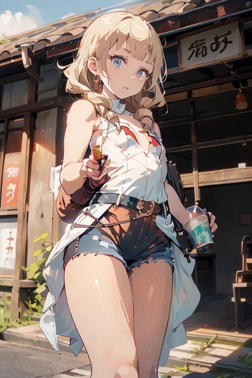 (masterpiece, Best Quality, ultra-detailed, high resolution, extremely detailed CG, official art, Professional Lighting, Perfect Anatomy, anime colors), (from below), looking at viewer, cowboy shot, perfect body, a 24yo beautiful girl, sidelocks, hairband, earrings,medium hips, glamorous body,a small face,beautiful-makeup,Makeup light,dark brown hair, Amazing Cleavage, thin waist, cute ass, Raised sexy, small breast: 1.2 posed cleavage:1.2, (off shoulders,Denimbra,legginullnude), micro denim shorts, bare legs, nail_polish, pale skin, Waiting friend, (morning:1.5), tokyo, (convenience store:1.3), outdoor, (depth of field:1.3), contrapposto, (Hold a coffee in your hand:1.3),delicate beautiful face, Bright blue eyes, cute eyes, sparkling eyes, Big eyes, (perky chest:1.1), (pointed chest:1.3), looking at viewer,