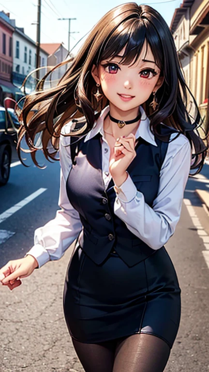 A girl is posing for a photo, cute女の子, Enchanting girl,
(Black Hair, twin drills, Wavy Hair, Long Hair), (Red eyes),
(black suit vest:1.4, White dress shirt with collar:1.4, Black pencil skirt:1.4、Black Pantyhose:1.4,Black high heels)、Black choker、Red Gem Earrings、
(((highest quality)), ((masterpiece)), (Very detailed), (High resolution), (Beautiful detailed sparkle), (High detail), (Anatomically correct)), ((Realistic)), ((The best CG)), Ultra-detailed art, CG illustration, 16k, 1080P, Oil paints:1.2,
(((One Girl))),
(Symmetrical facial features, Perfect Face), Beautiful clavicle, (Beautiful fingers), (Beautiful breasts, (Ccup)),
Beautiful body, Beautiful thighs, Beautiful feet, Perfect round butt, (((Detailed skin, Oily skin, Textured skin, Beautiful Skin))),
(((Baby Face, cute, 16 years old))), Double eyelids, Long eyelashes,
(Droopy eyes, Expression of fine eyes, Beautiful and delicate eyes, Sparkling eyes, Eye Reflexes),
(Beautiful Nose,Thin Nose),
(Glossy Lips, Beautiful Lips, thick lips),
(Beautiful Hair, Shiny Hair, Shiny Hair), Hair fluttering),
(smiley, laughing, blush),
BREAK
(noon、(Town, オフィスTown, blue sky)), ((Walking:1.4, Cowboy Shot))
