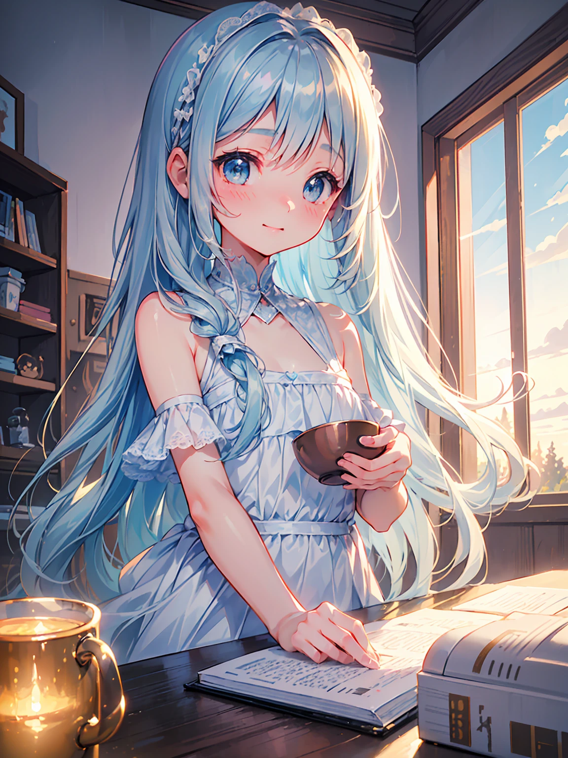 masterpiece, best quality, extremely detailed, (illustration, official art:1.1), 1 girl ,(((( light blue long hair)))), ,(((( light blue long hair)))),light blue hair, ,10 years old, long hair ((blush)) , cute face, big eyes, masterpiece, best quality,(((((a very delicate and beautiful girl))))),Amazing,beautiful detailed eyes,blunt bangs((((little delicate girl)))),tareme(true beautiful:1.2), sense of depth,dynamic angle,,,, affectionate smile, (true beautiful:1.2),,(tiny 1girl model:1.2),)(flat chest), (((masterpiece))), (((best quality))), (((ultra detailed))), sunset, Girl drinking cocoa in mug, steam rising from mug, background is room with warm atmosphere, happy, cutecore, anime deformation style cute illustration ,