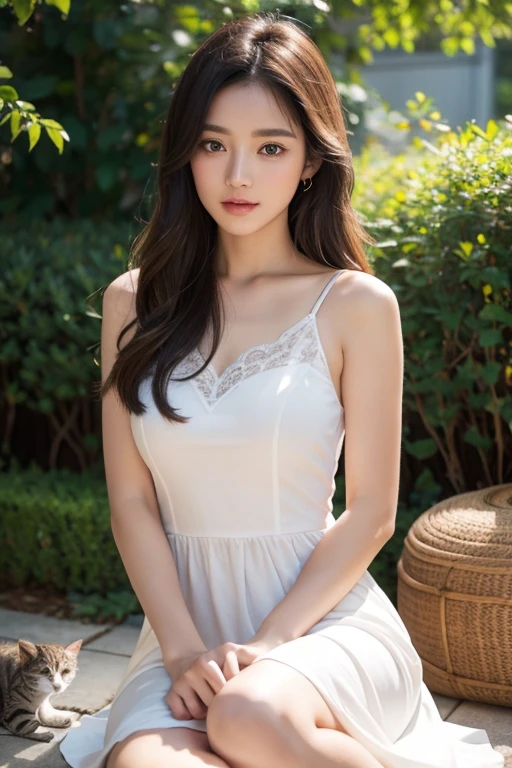 a girl with a cat, beautiful detailed eyes,beautiful detailed lips,extremely detailed eyes and face,longeyelashes, intricate details, finely detailed portrait, realistic, photorealistic, photo-realistic:1.37, best quality, 8k, highres, masterpiece:1.2, ultra-detailed, vivid colors, natural lighting, intricate details, realistic fur, cat sitting on girl's lap, girl petting the cat, serene expression, beautiful background, lush natural scenery, warm color palette, cinematic lighting, elegant dress, graceful pose