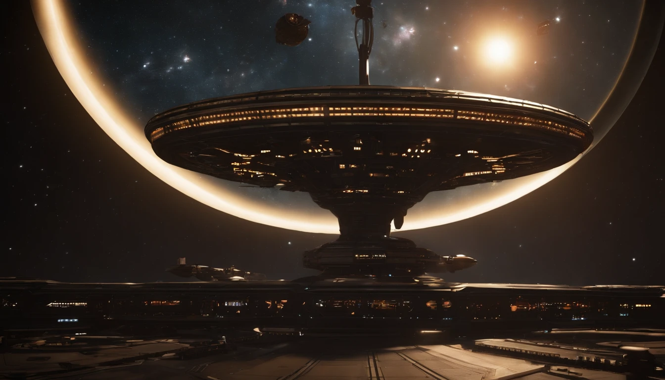 (((The space station is massively bigger than Babylon 5, but in the shape of Deep Space 9))). (((The space station has 6 O'Neal Class space stations off in 5 directions, & 1 down the middle))). It's 10 times bigger than Saturn, and generates it's own power. There are hundreds of starships going to & fro, from the station, at any hour of the day. The station is in the foreground. There are many stars, a nebula, and a comet, in the background., conceptual art, vibrant, dark fantasy, ukiyo-e, 3d render, architecture, portrait photography, cinematic, vibrant glass, diamond, J. Michael Strazynski style.