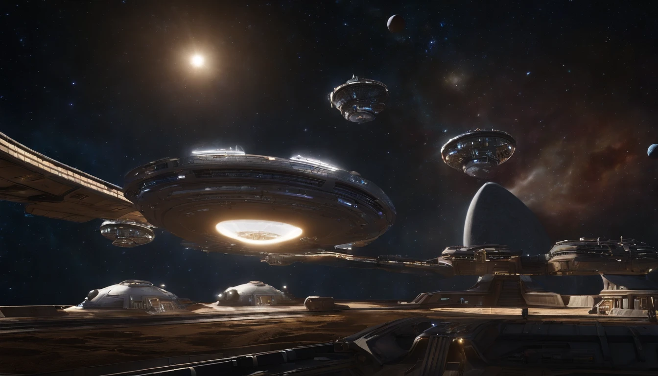 (((The space station is massively bigger than Babylon 5, but in the shape of Deep Space 9))). (((The space station has 6 O'Neal Class space stations off in 5 directions, & 1 down the middle))). It's 10 times bigger than Saturn, and generates it's own power. There are hundreds of starships going to & fro, from the station, at any hour of the day. The station is in the foreground. There are many stars, a nebula, and a comet, in the background., conceptual art, vibrant, dark fantasy, ukiyo-e, 3d render, architecture, portrait photography, cinematic, vibrant glass, diamond, J. Michael Strazynski style.