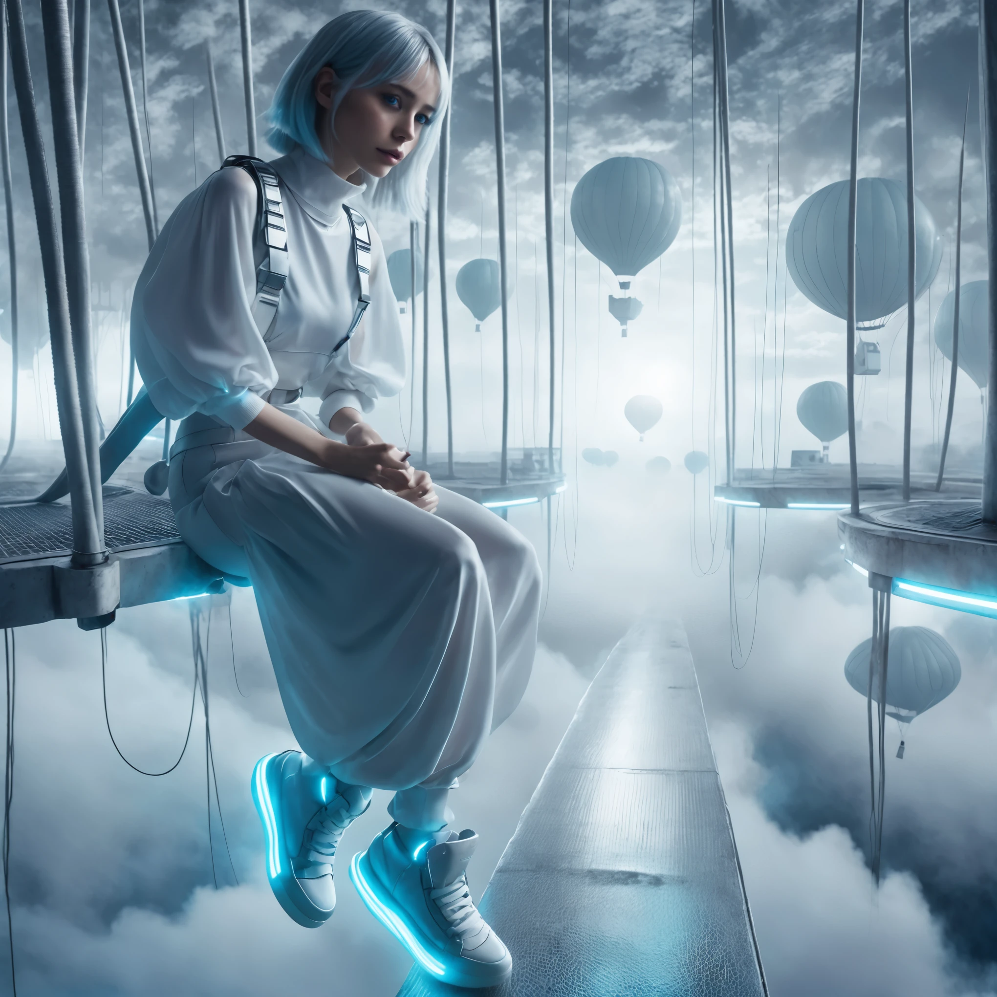 masterpiece, Best Quality, Realistic, In the dimly lit colony shrouded in white mist, she jumping as a solitary fashion model. She is sitting in a cyber-themed outfit centered around the color white. She wears a high-neck, sleeveless top paired with a maxi skirt with a round silhouette, from which a large balloon extends at the waist. Neon-lit harnesses are connected to her outfit, creating a futuristic atmosphere.
With her silver hair and blue glowing eyes, she completes her look with high-cut sneakers accented with neon. Captured from a side angle, she sits and gazes ahead with a somewhat melancholic expression, hyper small head and face, wide Duck mouth, half open mouth, perfectly aligned teeth, perfect beautiful teeth, light blue eyes, half open eyes, shiny Droopy eyes, gray hair, looking other, She is situated within the interior of a futuristic colony, with mist drifting and steam rising from concrete